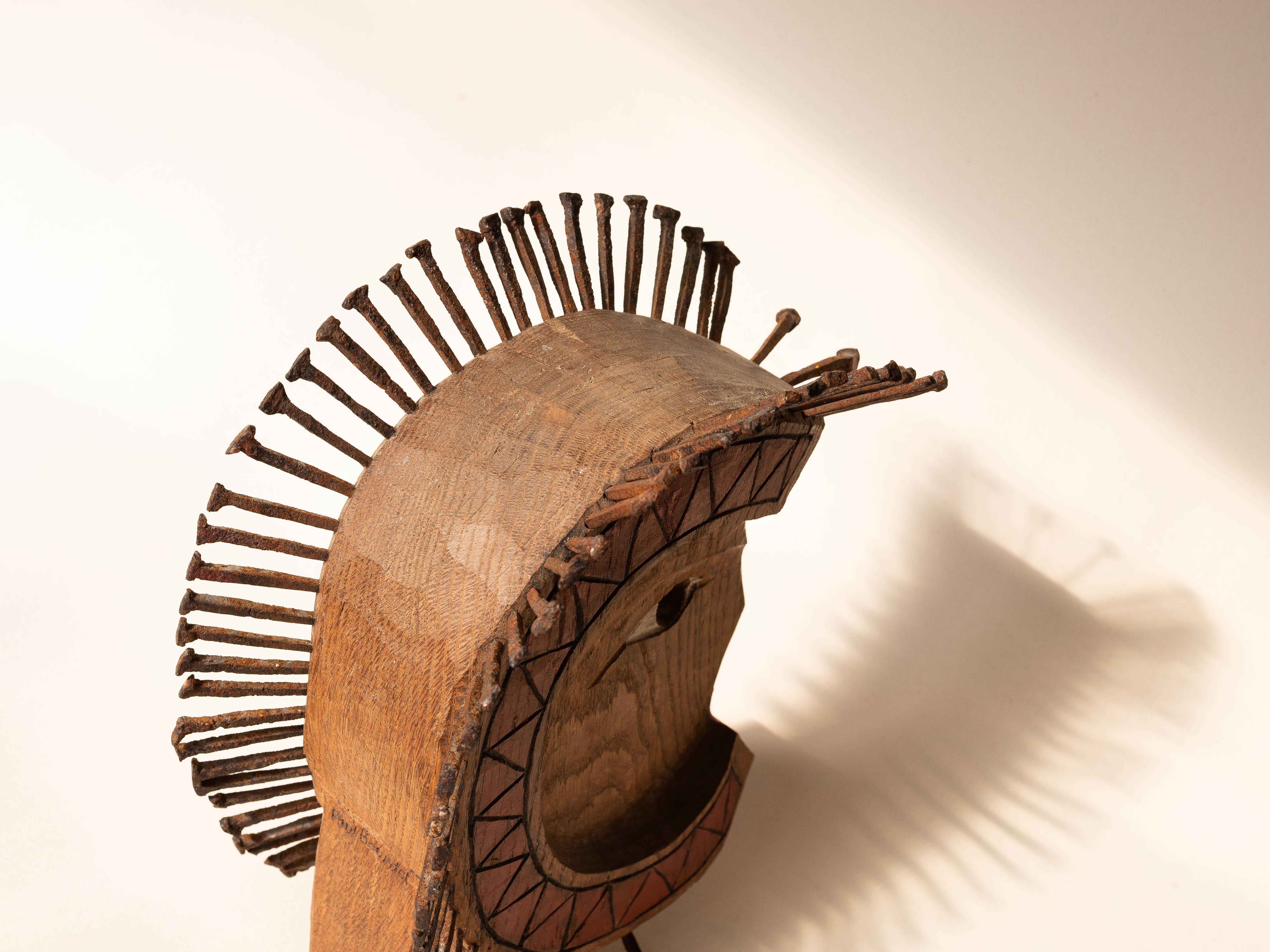 Scultura di testa Art Brut, profilo maschile Folk Art in legno intagliato e Steele anni '80 in vendita 2