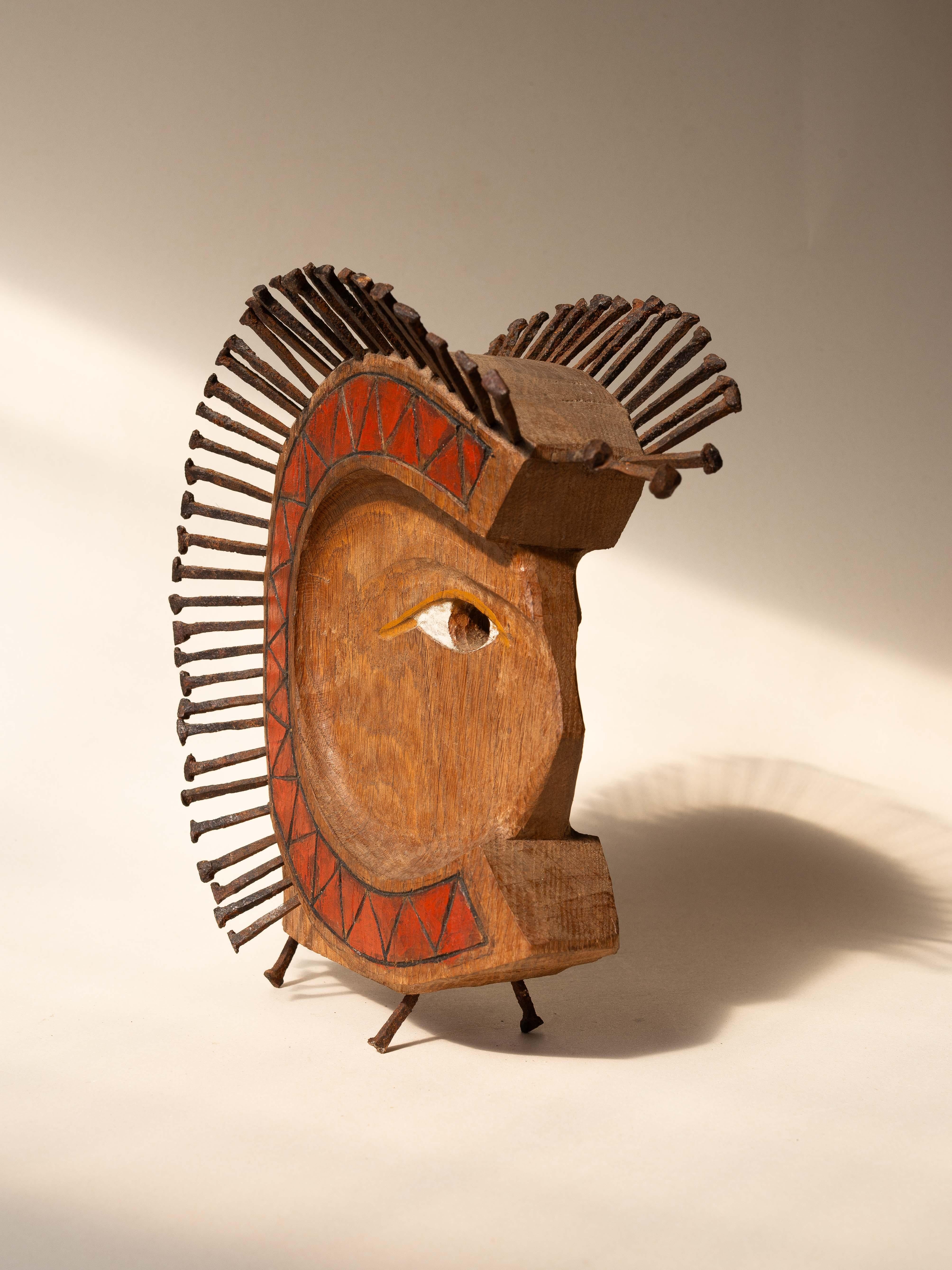 Scultura di testa Art Brut, profilo maschile Folk Art in legno intagliato e Steele anni '80 in vendita 3