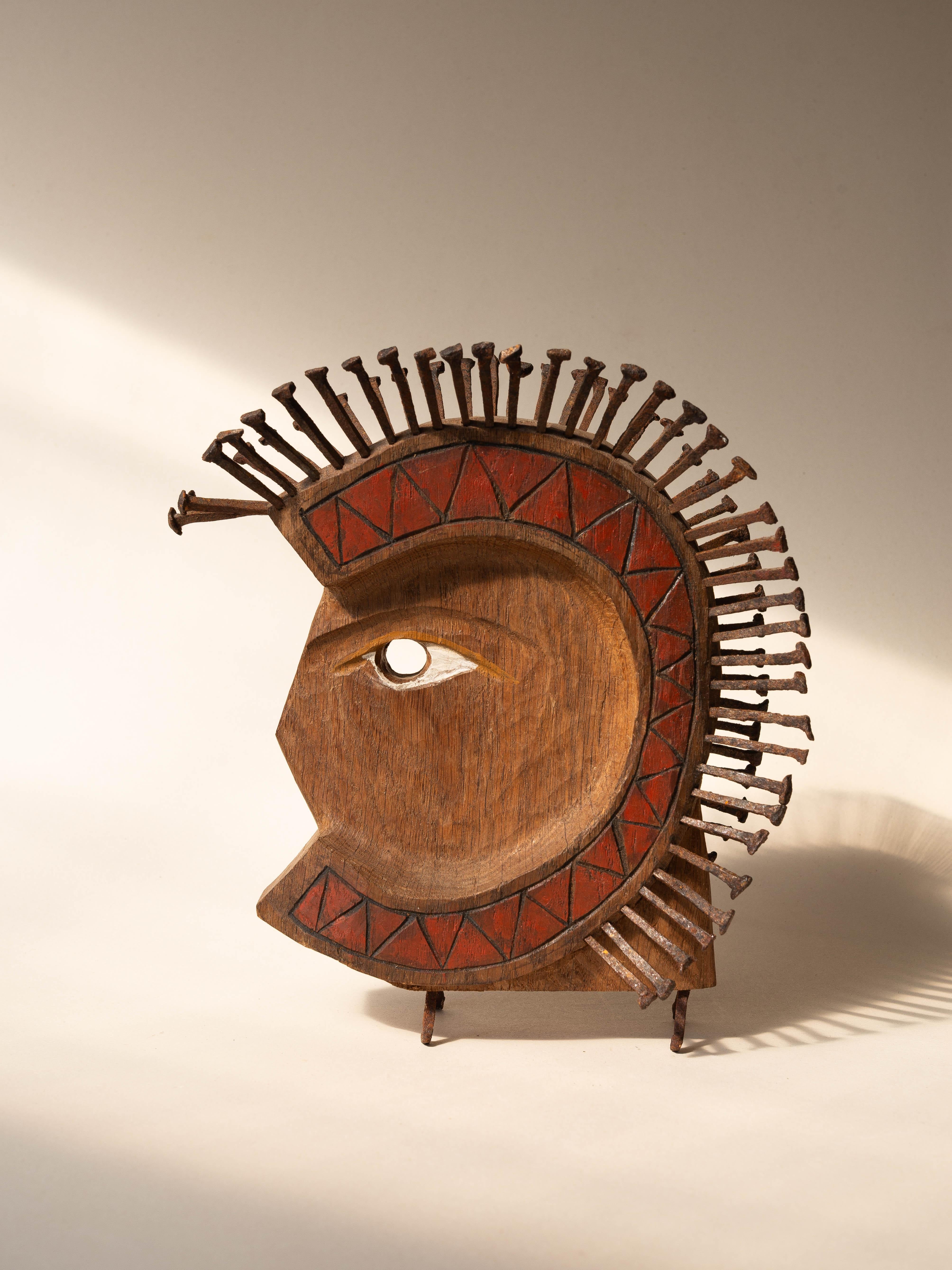 Francese Scultura di testa Art Brut, profilo maschile Folk Art in legno intagliato e Steele anni '80 in vendita