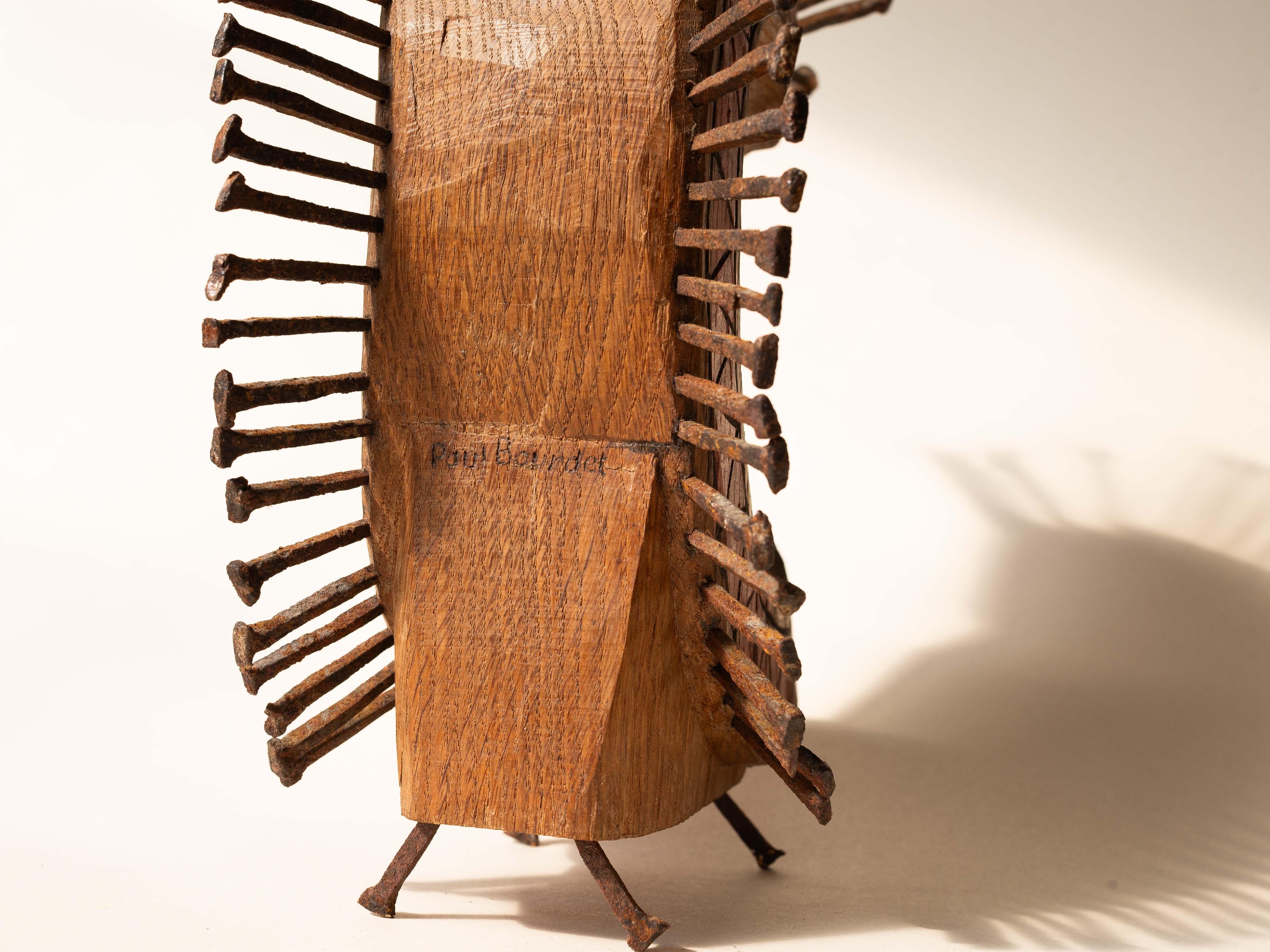Acciaio Scultura di testa Art Brut, profilo maschile Folk Art in legno intagliato e Steele anni '80 in vendita
