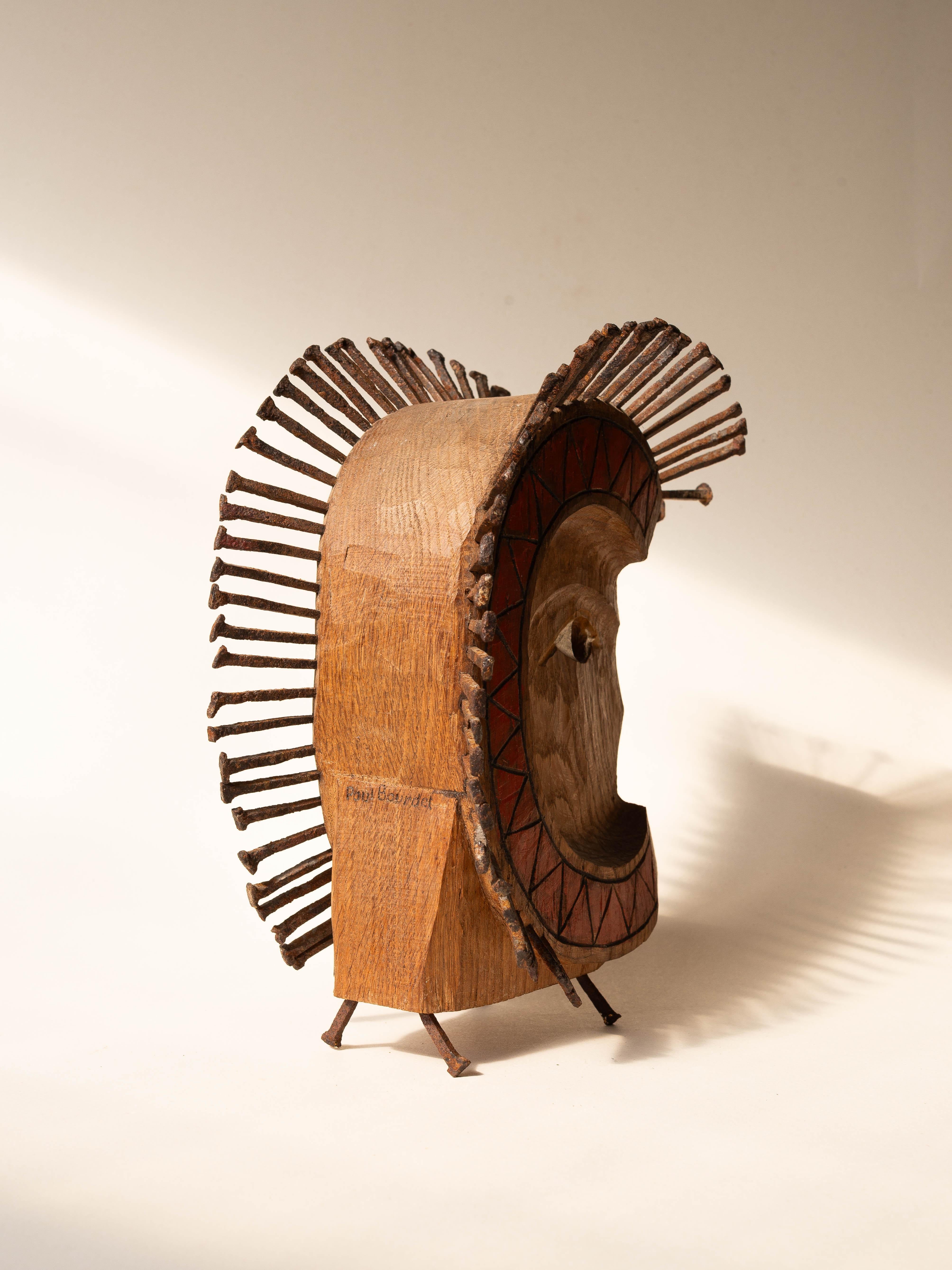 Scultura di testa Art Brut, profilo maschile Folk Art in legno intagliato e Steele anni '80 in vendita 1