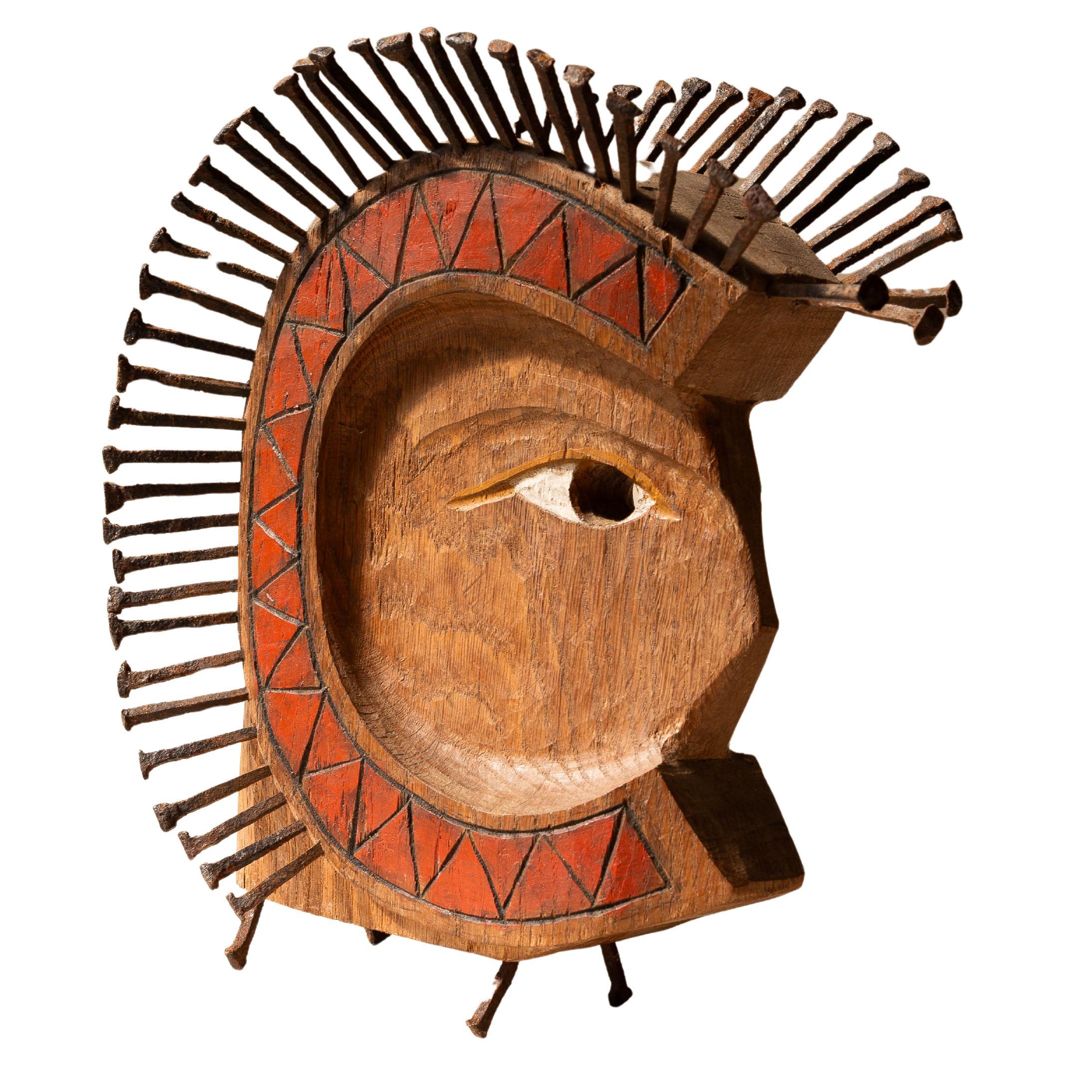 Art Brut Head Sculpture, Folk Art Male Profile in Carved Wood and Steel 1980s