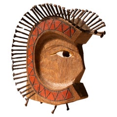 Art Brut Head Sculpture, Folk Art Male Profile in Carved Wood and Steel 1980s