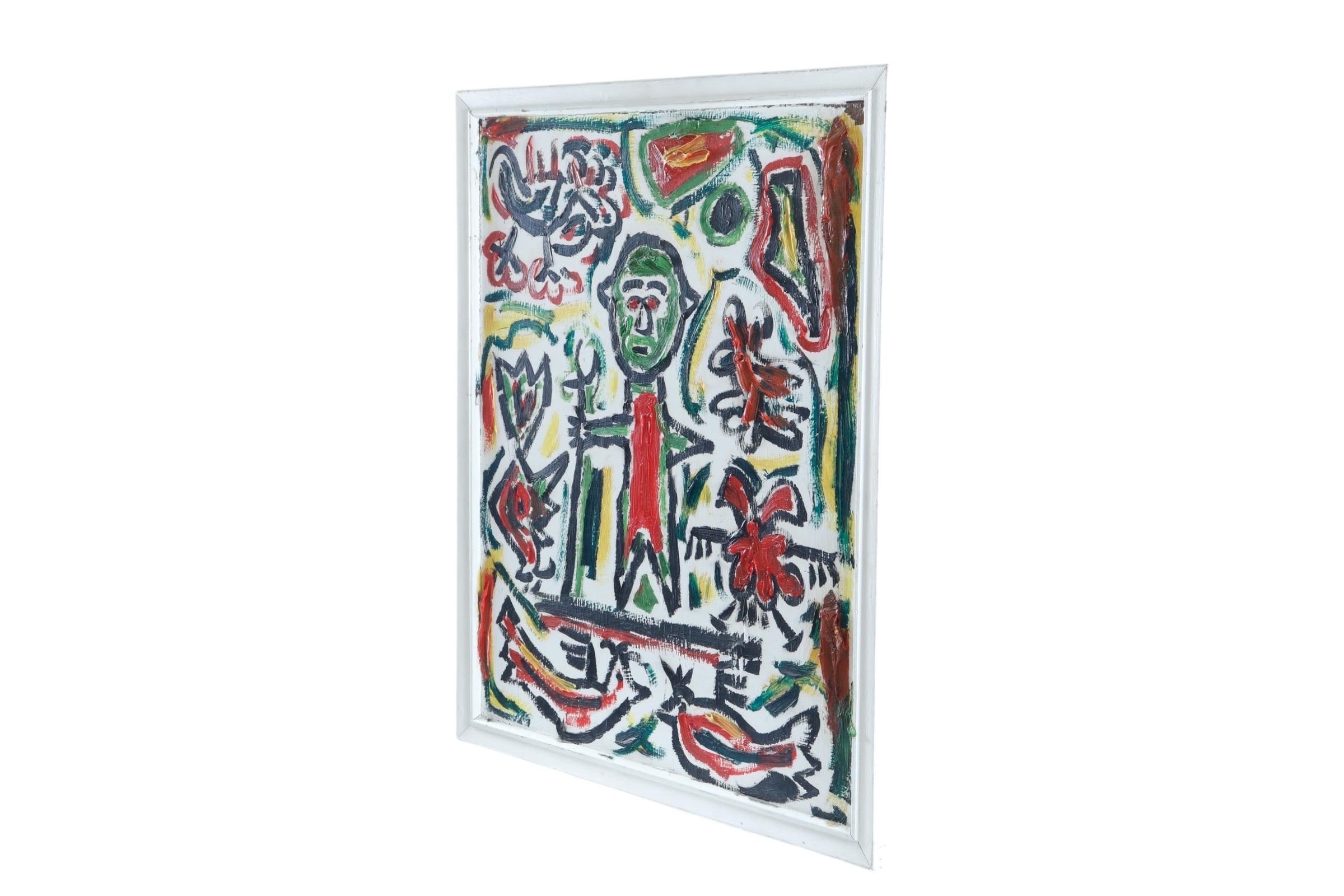 An original framed abstract “Art Brut” acrylic on artist board. Depicts a Shepherd (identifiable by his crook), surrounded by birds and other shapes, boldly and simply formed in black, red, yellow, and green. Unsigned, circa 1970.
