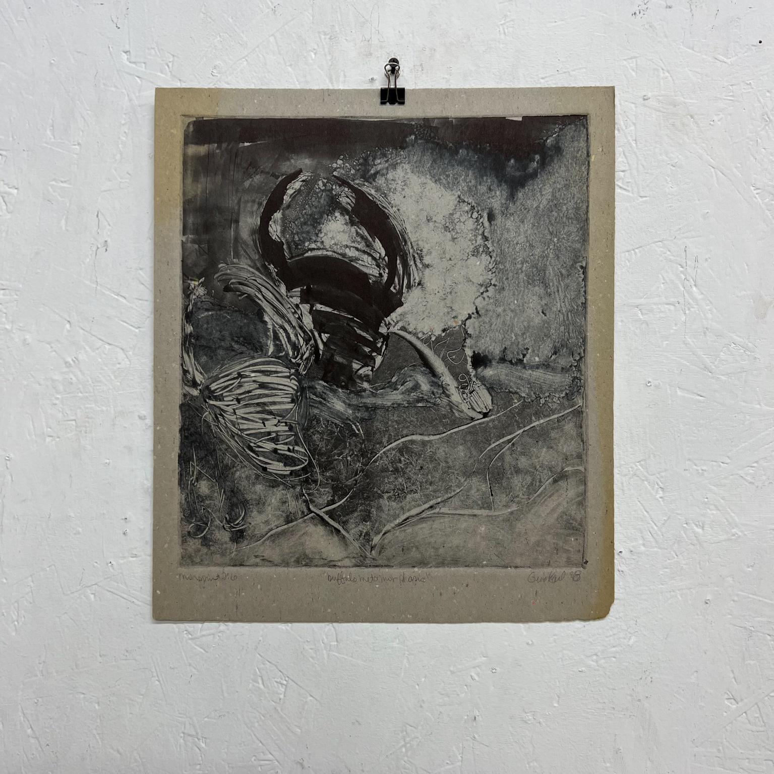 Art by Gina Kail 1998 buffalo metamorphosis 2:6 monoprint.
Measures: 14 x 16.5.
Signed by artist.
Preowned original vintage art.
See images provided.