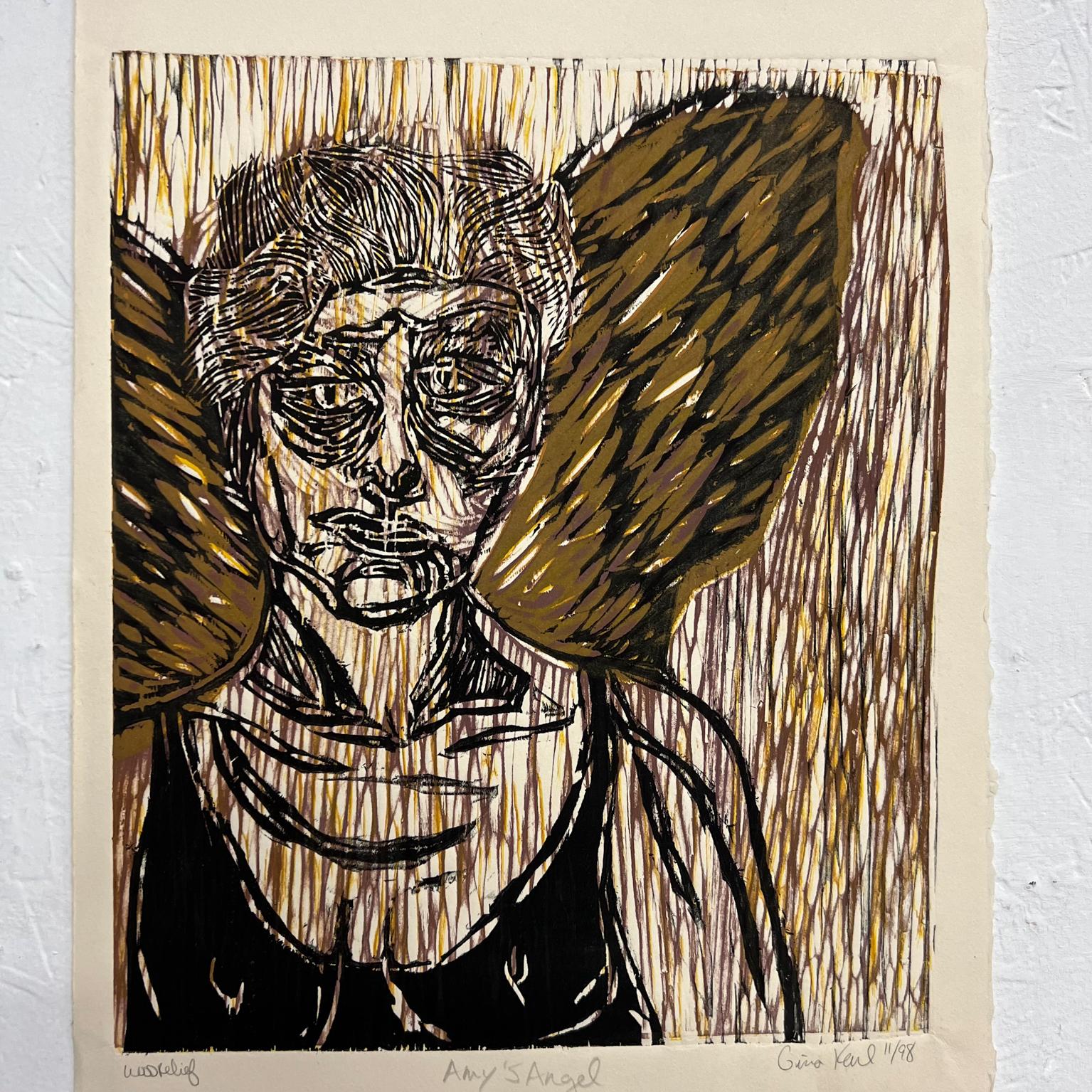 Modern Art by Gina Kail Wood Relief Block Print Amy's Angel 11/98 For Sale