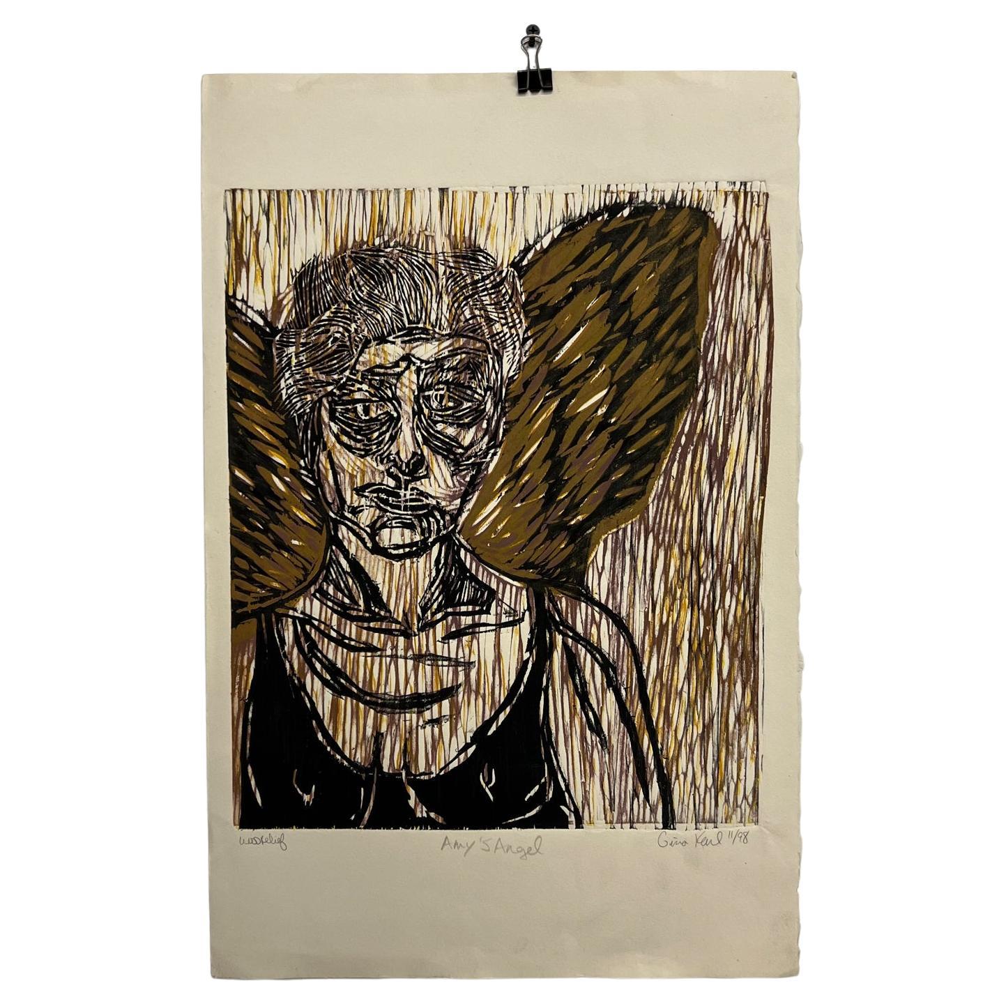 Art by Gina Kail Wood Relief Block Print Amy's Angel 11/98