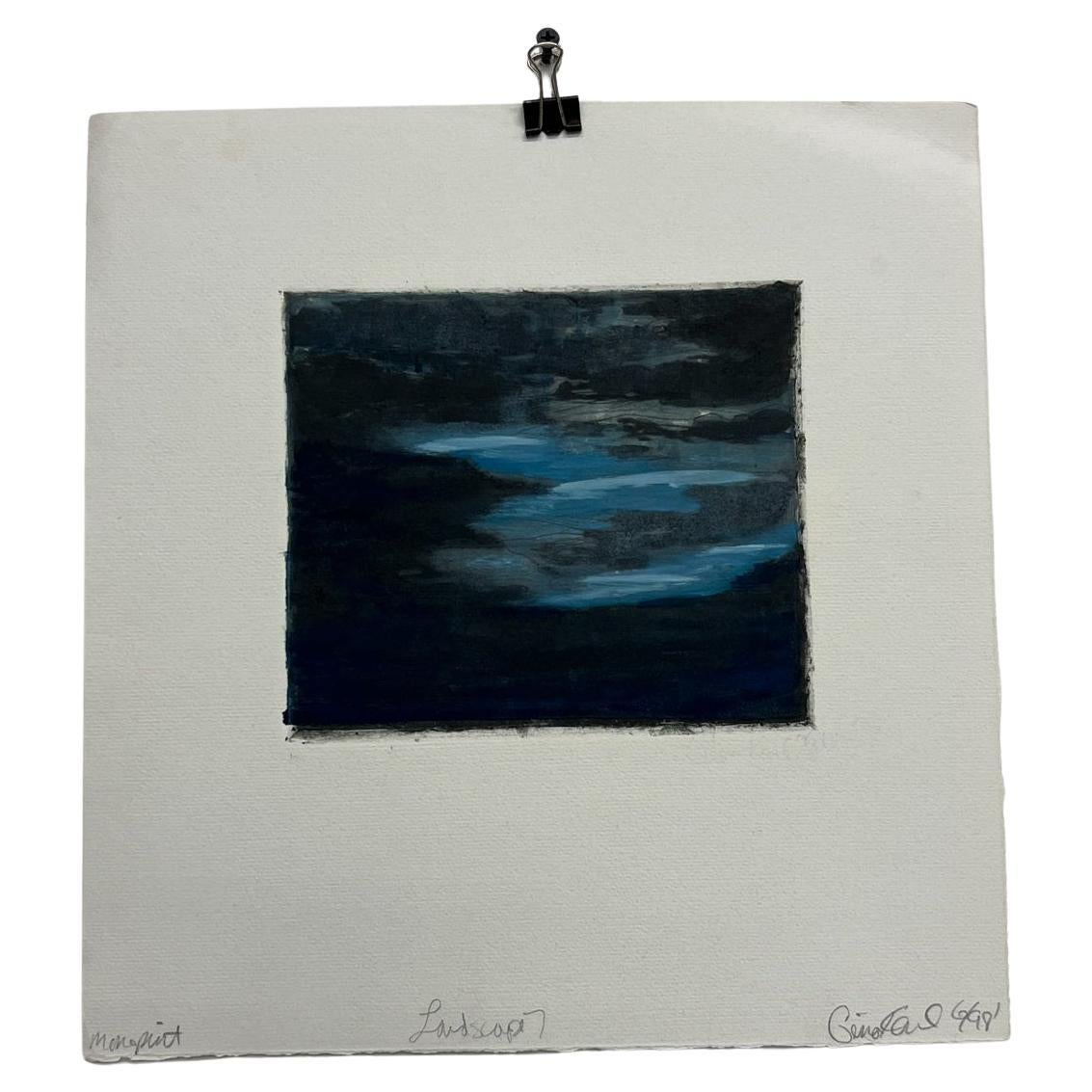 Art de Gina Kail juin 1998 - Paysage abstrait bleu scénique - Monoimpression 7 en vente