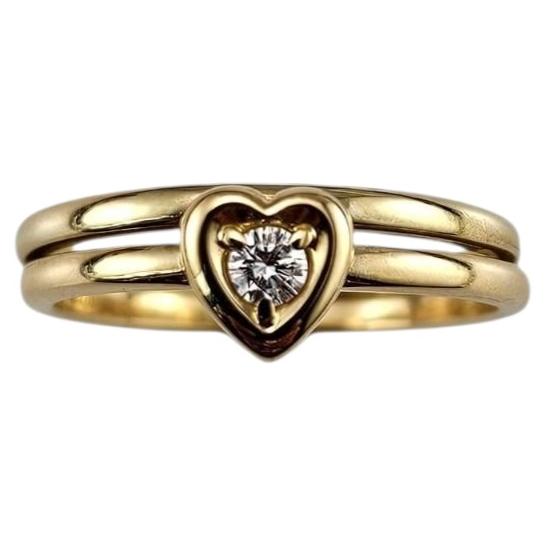 Art Carved 18K Yellow Gold Double Band Diamond Heart Ring Size 7.75 #25404 For Sale