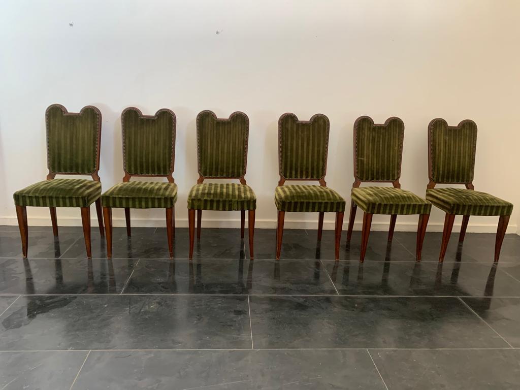 Six wooden and fabric chairs by Jaque Klein, 1940s. Seat height - 46 cm. This vintage item has visible damage, defects or small missing parts. It may need restoration. We recommend replacing the upholstery, patina due to age and use. Salient
