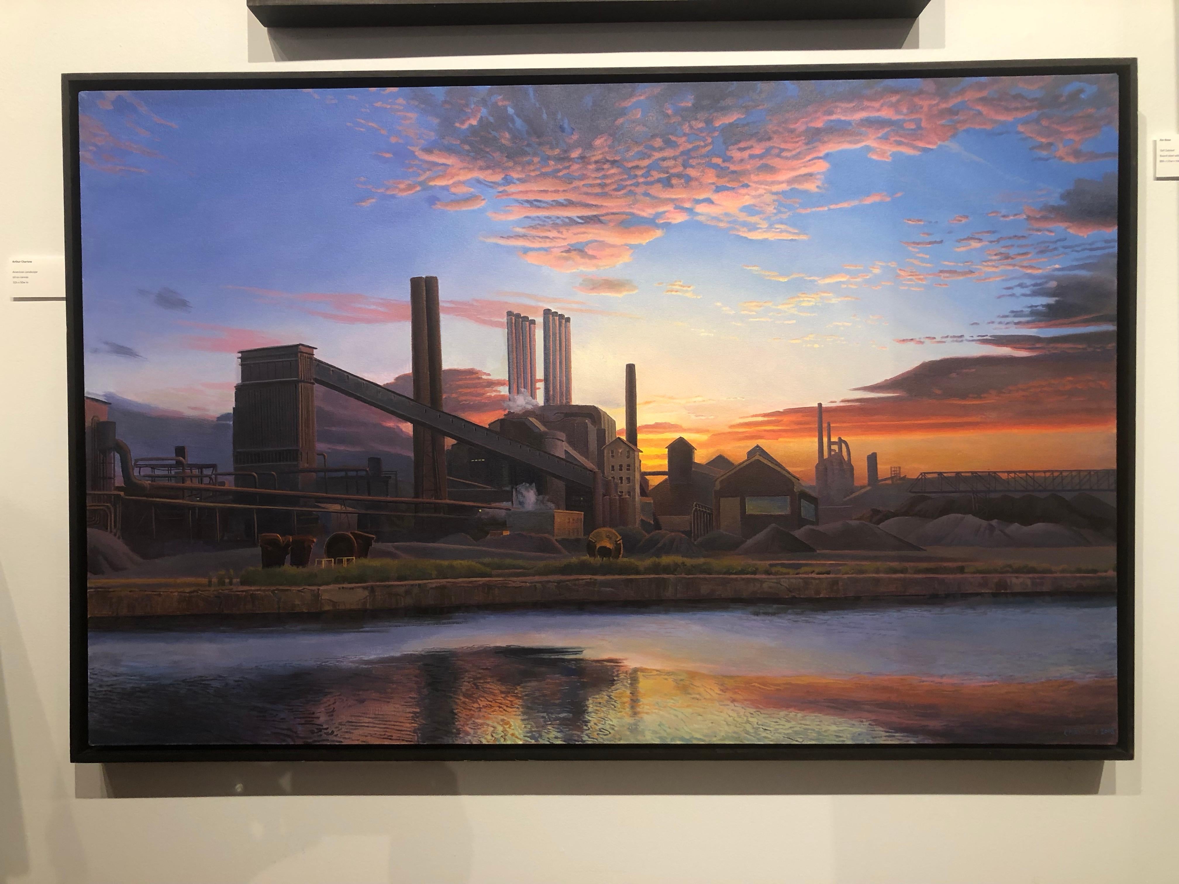 American Landscape - Iconic American Steel Mill Bathed in Orange Sunset Light - Painting by Art Chartow