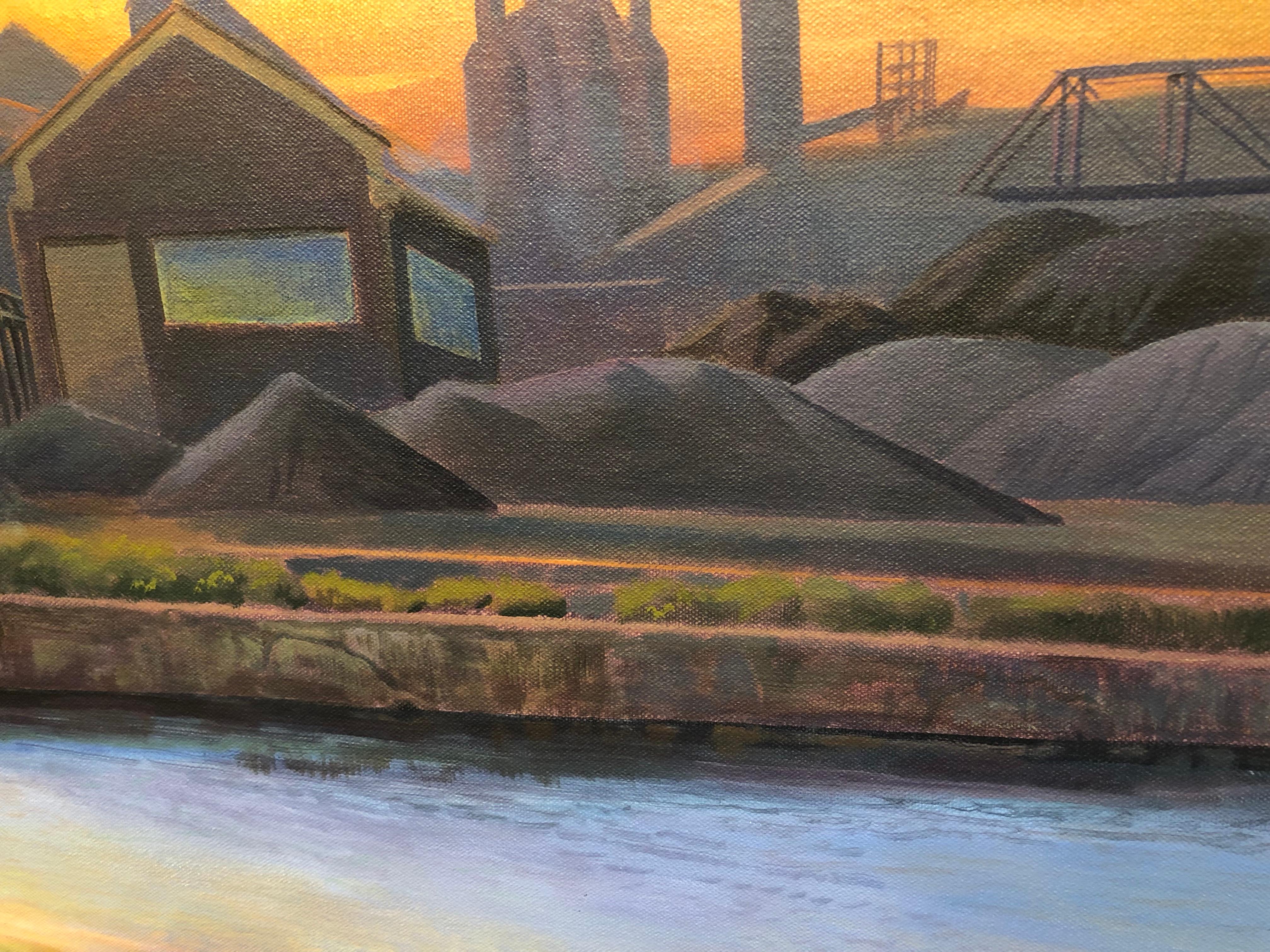 American Landscape - Iconic American Steel Mill Bathed in Orange Sunset Light - Contemporary Painting by Art Chartow