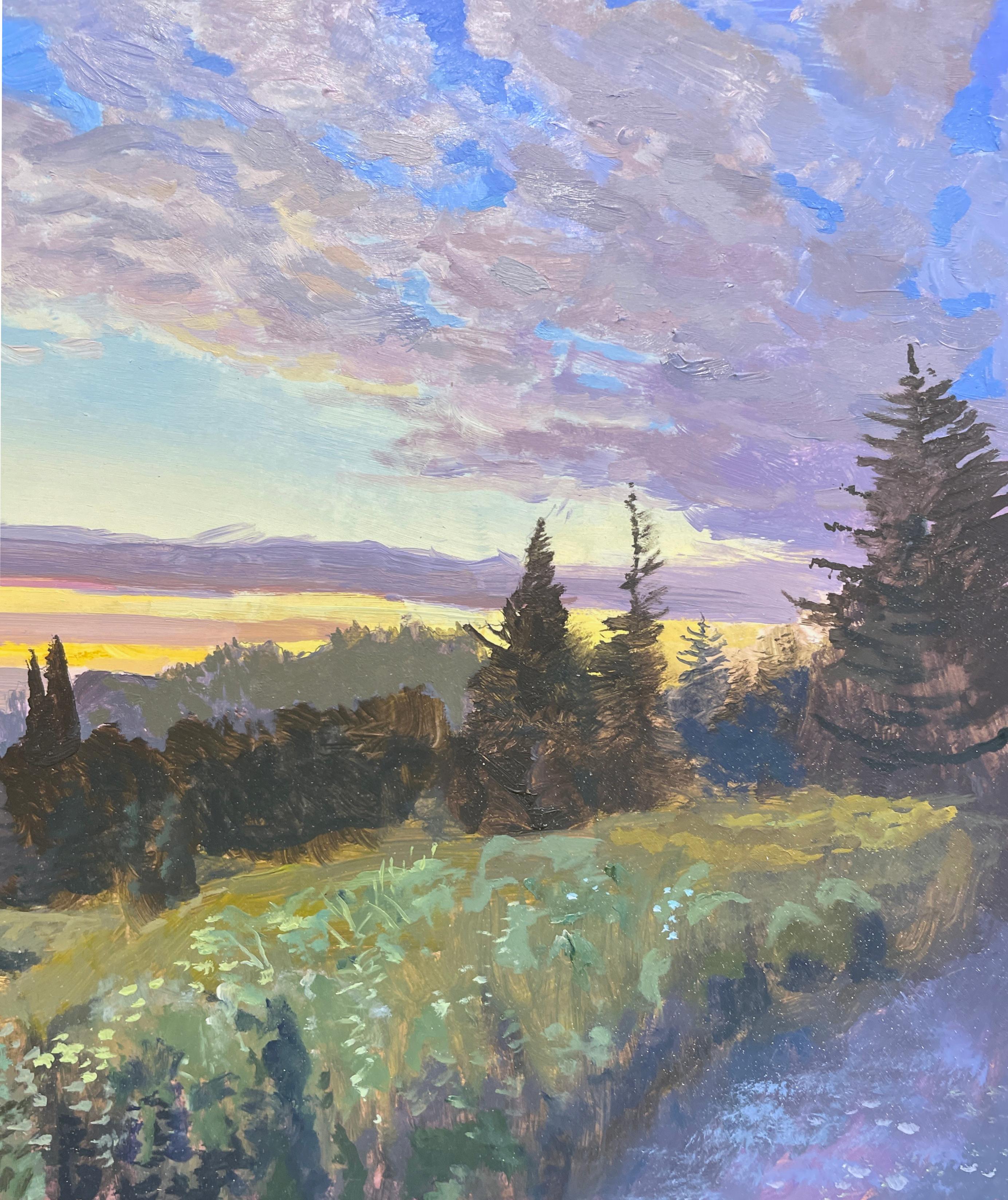 Arch Cape - Oregon, Wooded Landscape, Setting Sun and Ocean View, Oil on Panel - Painting by Art Chartow