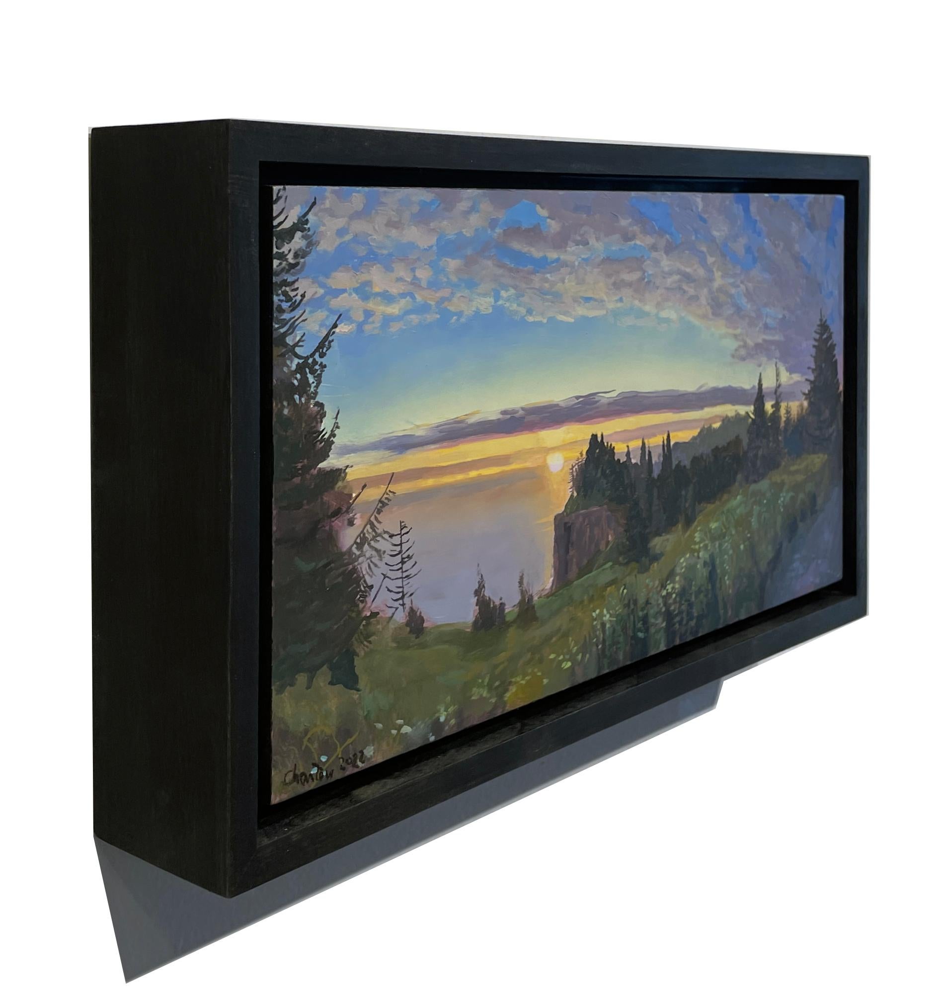 Cabo de Arco - Oregón, Paisaje arbolado, Sol poniente y vista del océano, Óleo sobre tabla en venta 1