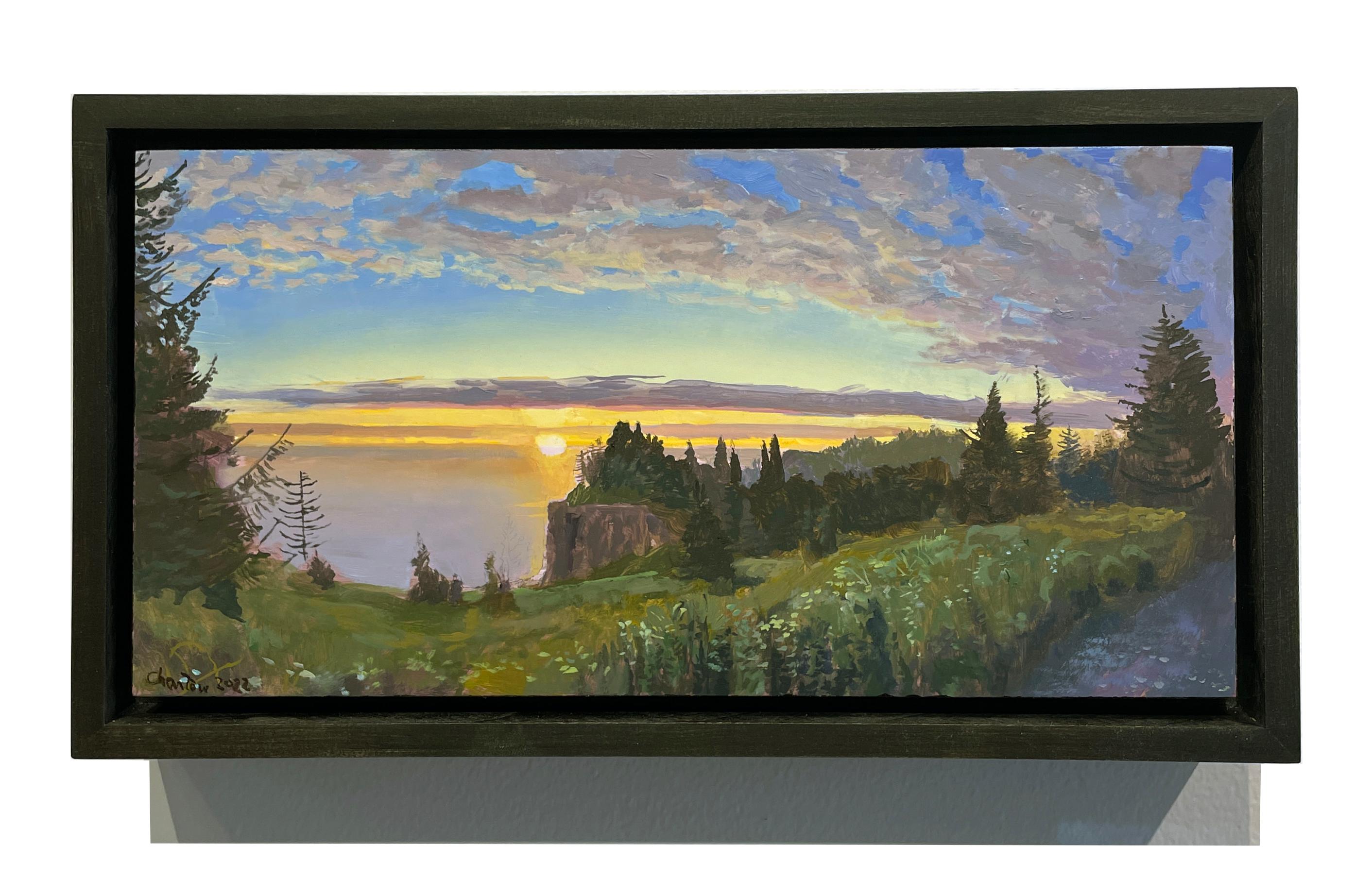 Arch Cape - Oregon, Wooded Landscape, Setting Sun and Ocean View, Oil on Panel