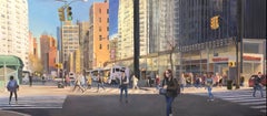Astor Place, NYC, Busy Urban Street Scene Under Bright Blue Sky, Framed