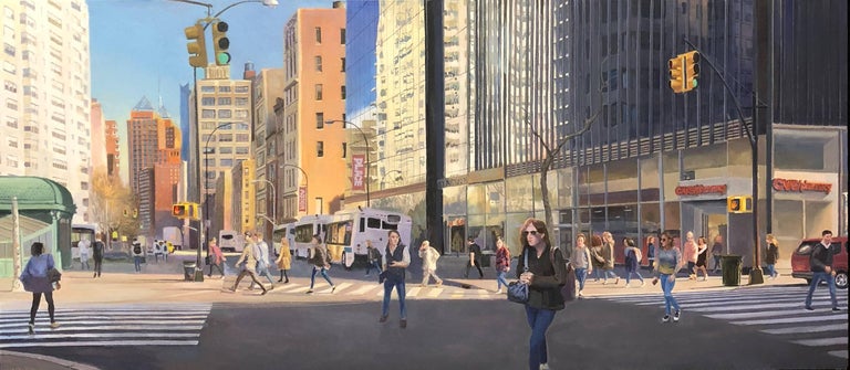 Art Chartow Landscape Painting - Astor Place, NYC, Busy Urban Street Scene Under Bright Blue Sky, Framed