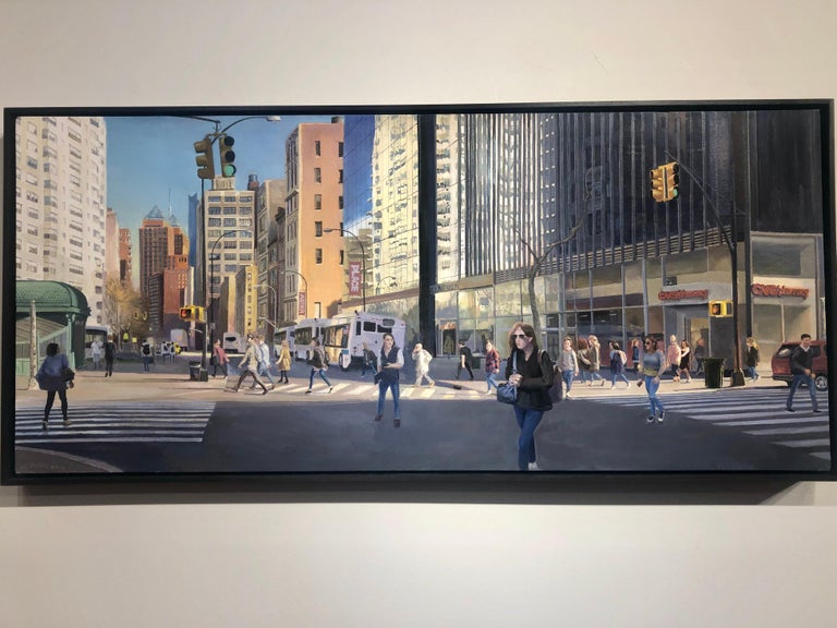 Astor Place, NYC, Busy Urban Street Scene Under Bright Blue Sky, Framed - Painting by Art Chartow