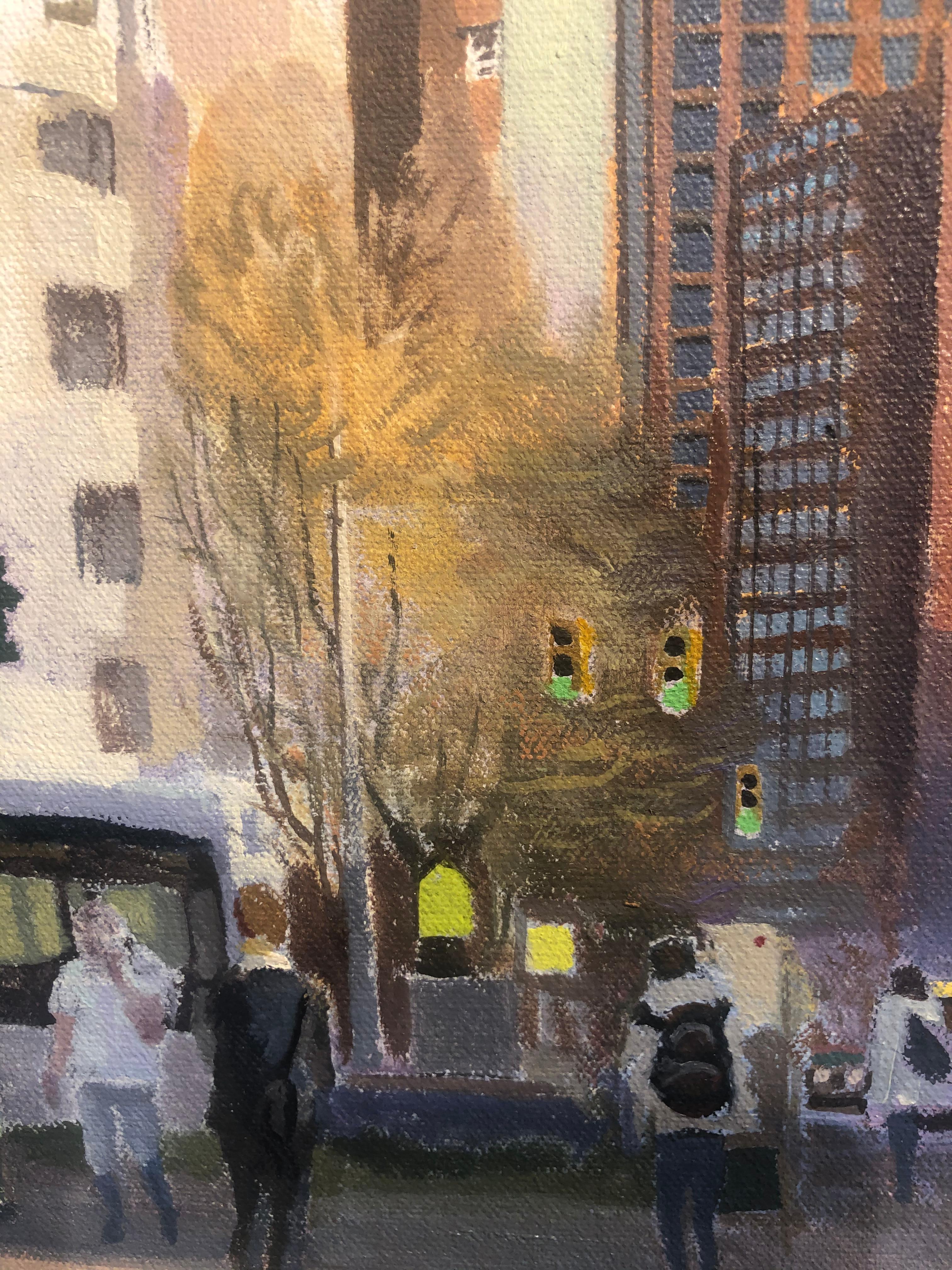 Astor Place, NYC, Busy Urban Street Scene Under Bright Blue Sky, Framed - Contemporary Painting by Art Chartow