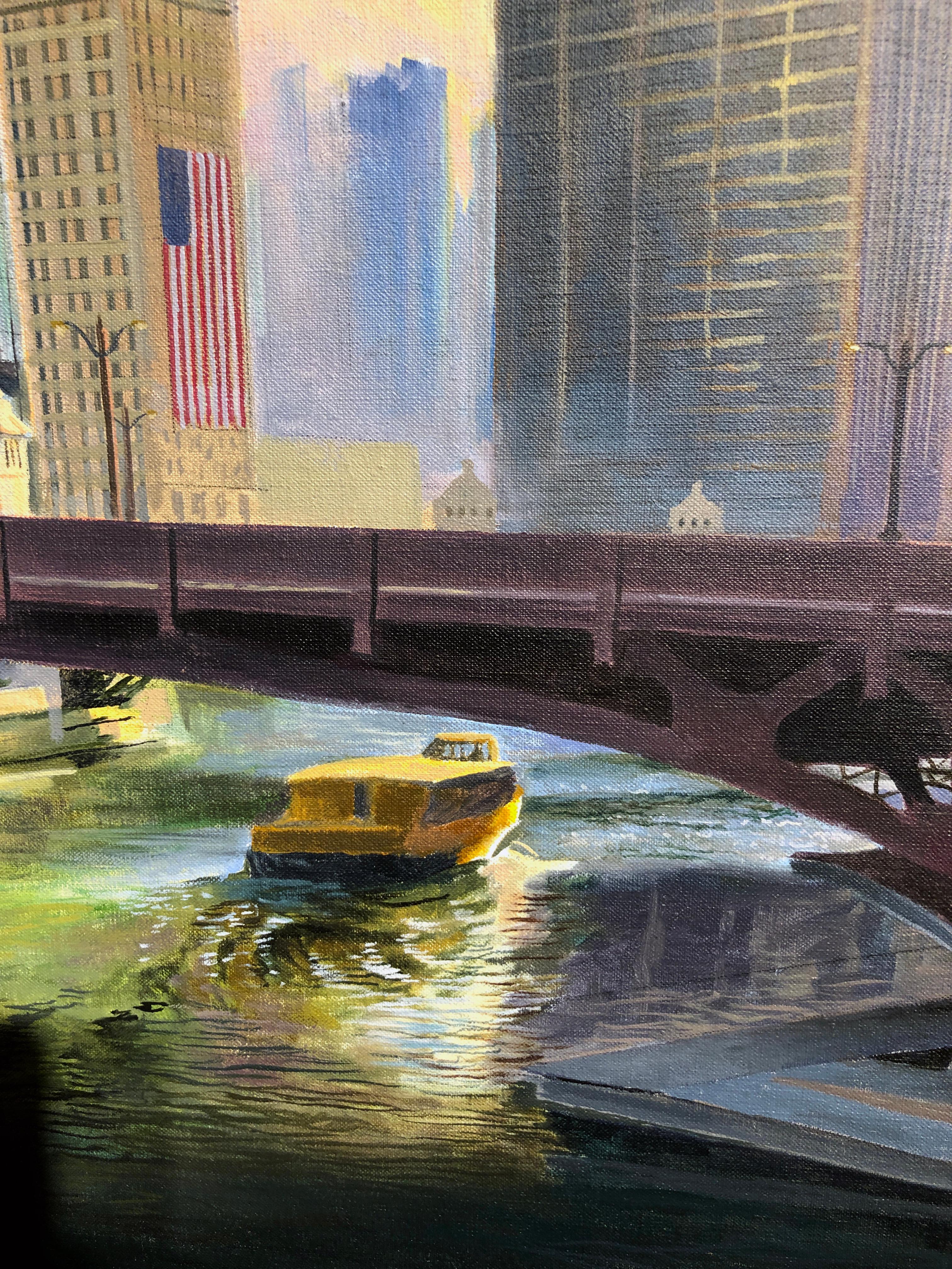 Chicago River at State Street - Rising Sun Urban Landscape Original Oil Painting 4
