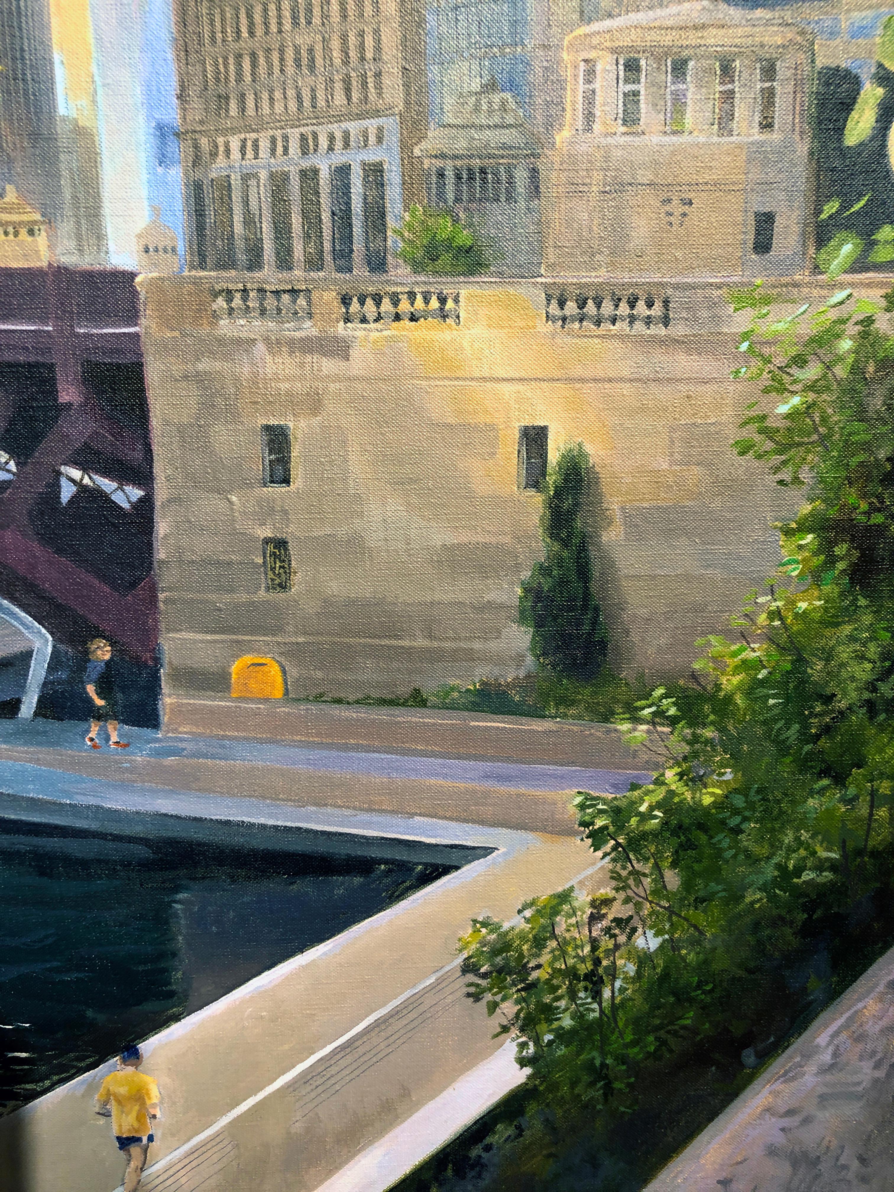 Chicago River at State Street - Rising Sun Urban Landscape Original Oil Painting 5