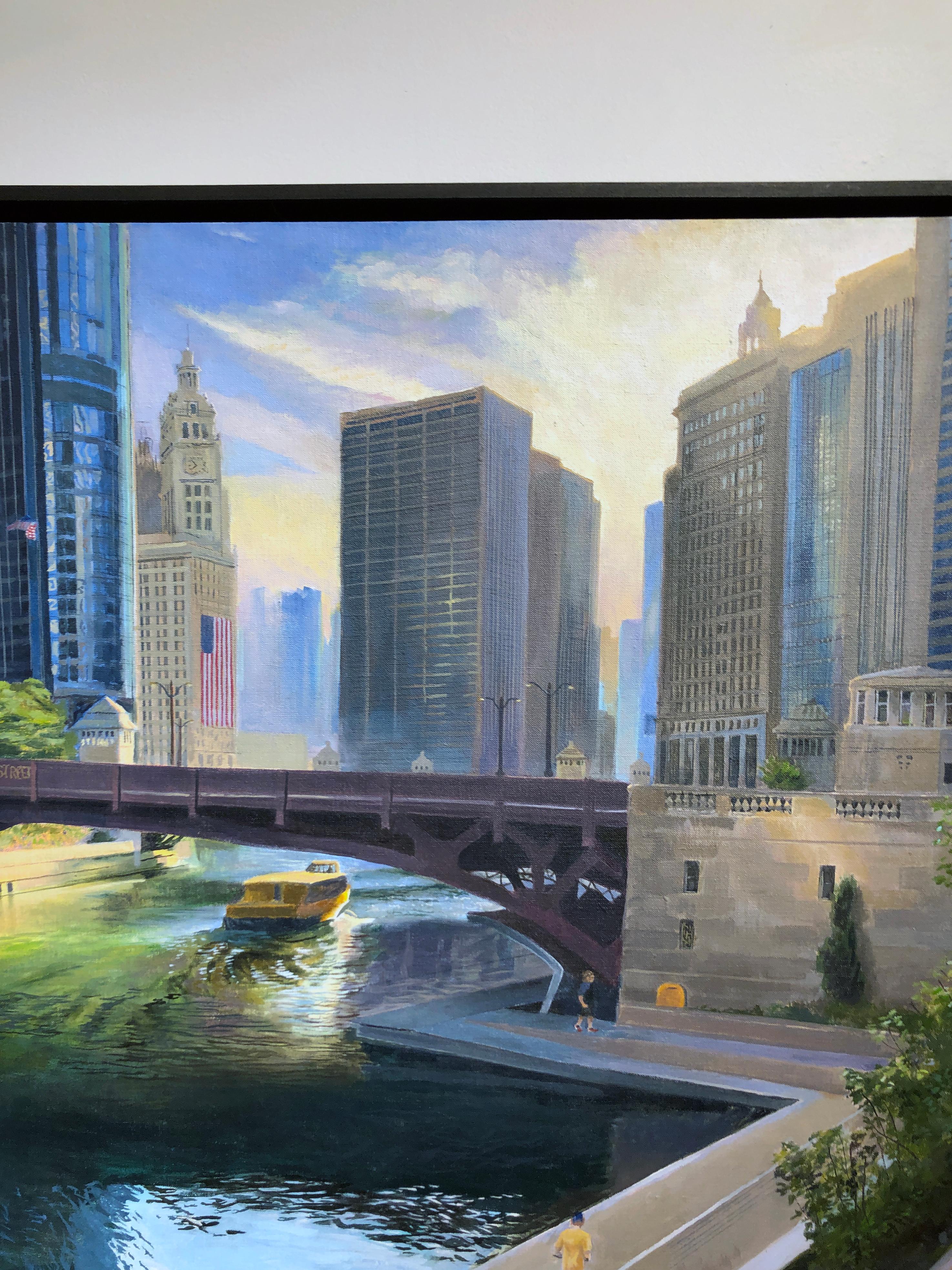 Chicago River at State Street - Rising Sun Urban Landscape Original Oil Painting - Gray Landscape Painting by Art Chartow