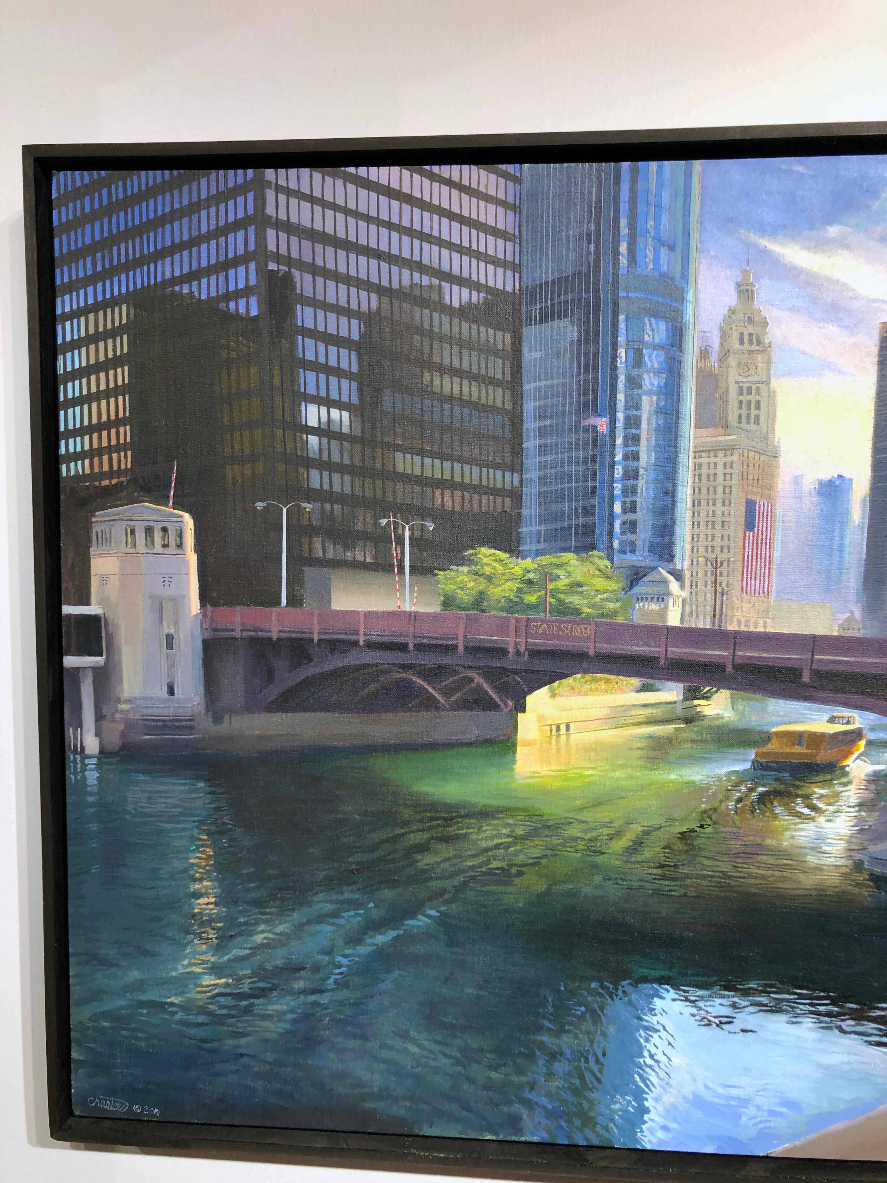 Skyscrapers and the river running through this urban landscape are the focus of Art Chartow's newest work entitled simply 