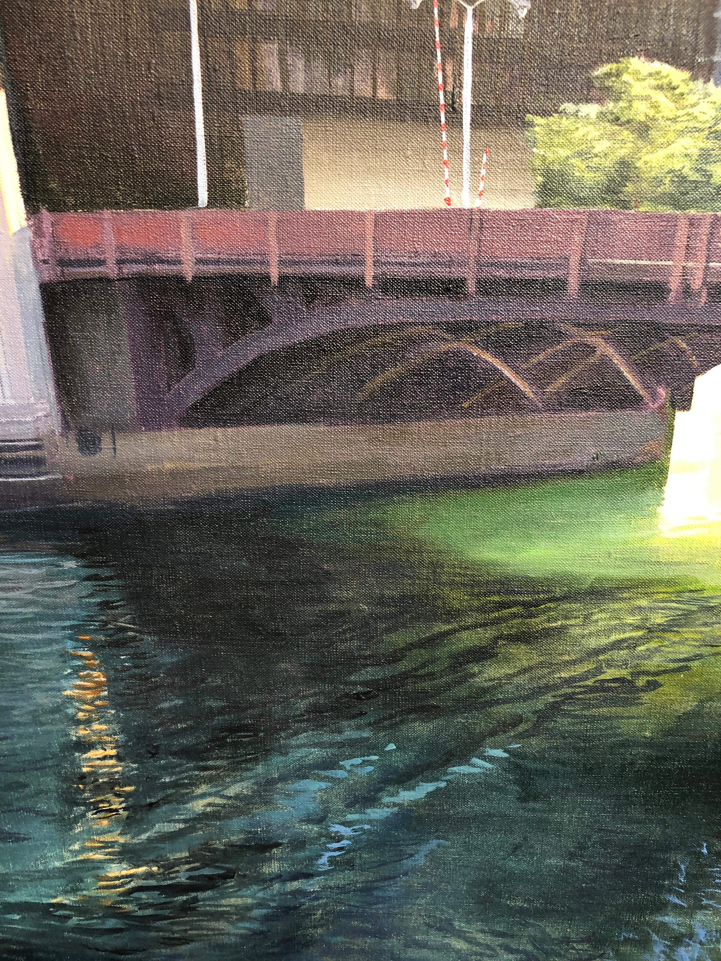Chicago River at State Street - Rising Sun Urban Landscape Original Oil Painting 1