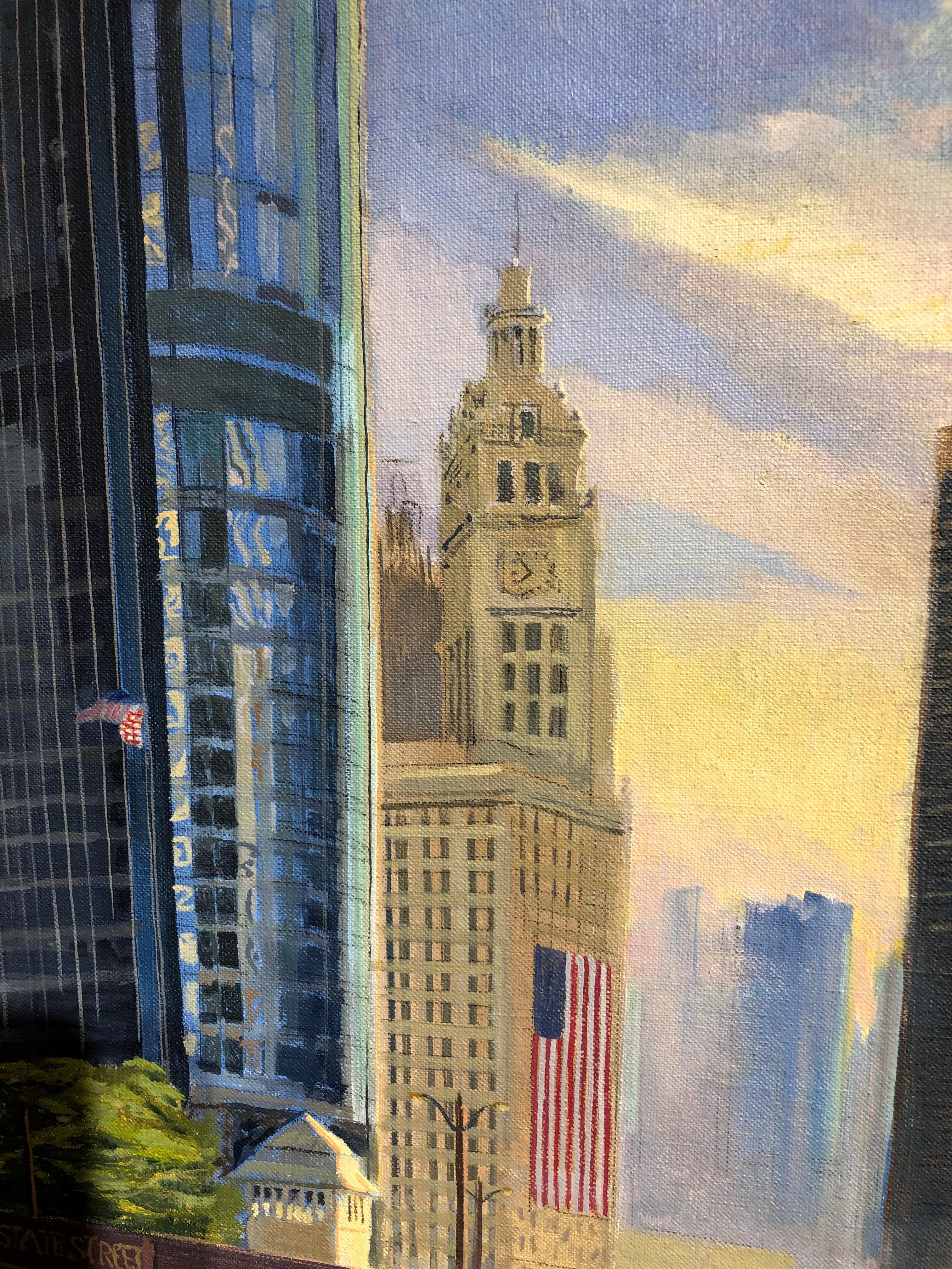 Chicago River at State Street - Rising Sun Urban Landscape Original Oil Painting 2