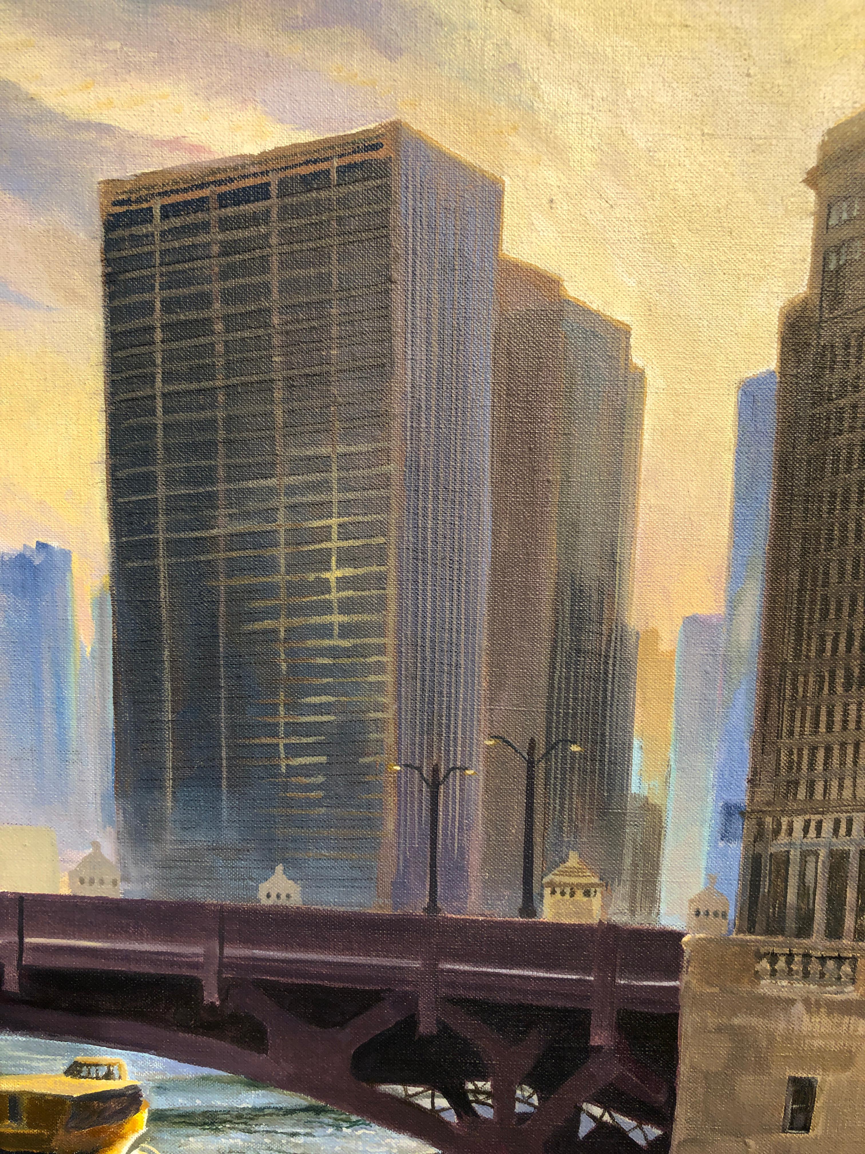 Chicago River at State Street - Rising Sun Urban Landscape Original Oil Painting 3