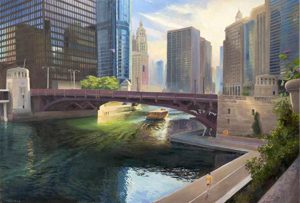 Art Chartow Landscape Painting - Chicago River at State Street - Rising Sun Urban Landscape Original Oil Painting