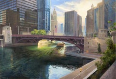 Le fleuve Chicago à State Street - Paysage urbain au soleil couchant - Peinture à l'huile originale de Chicago