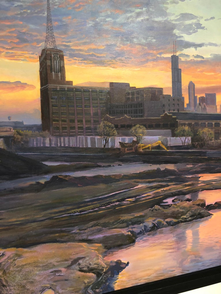 Coal Yard, South Branch Chicago River - Original Oil Painting, Dramatic Sky For Sale 10