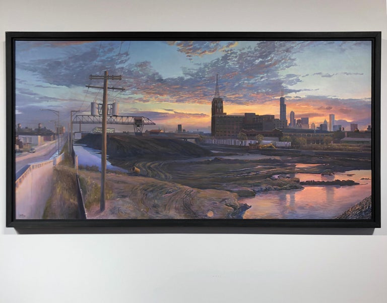 Coal Yard, South Branch Chicago River - Original Oil Painting, Dramatic Sky - Gray Landscape Painting by Art Chartow