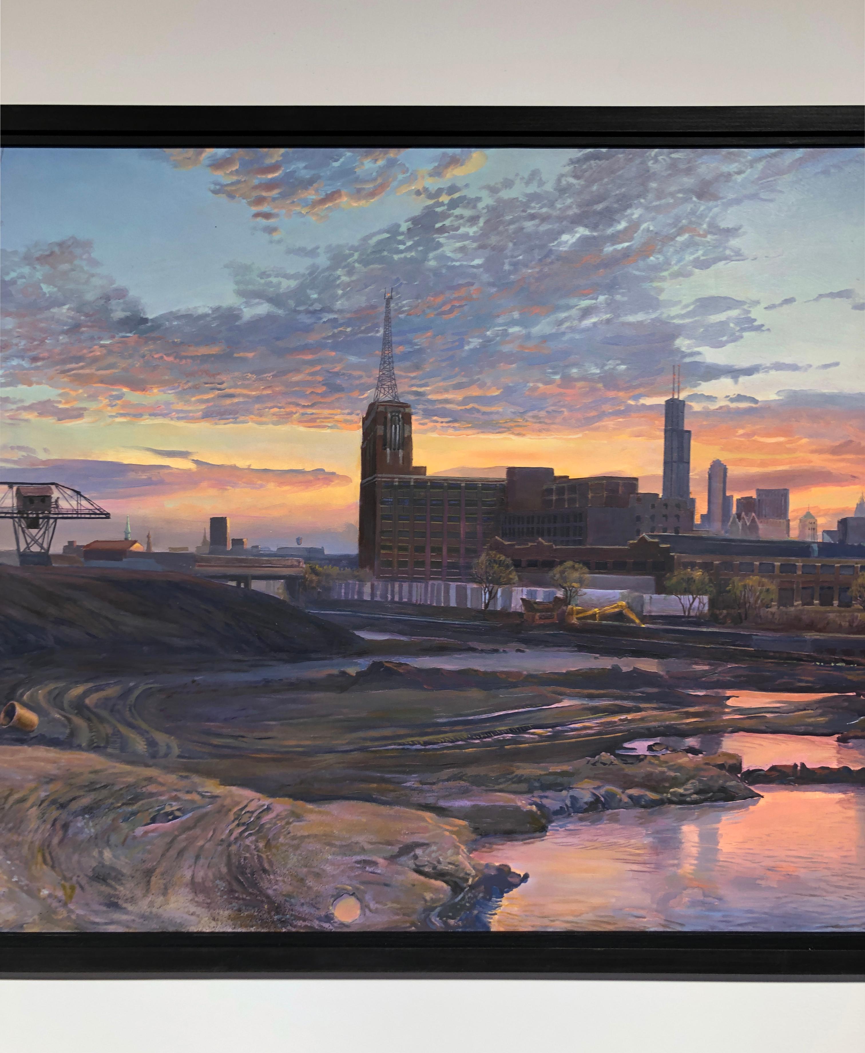 Coal Yard, South Branch Chicago River - Original Oil Painting, Dramatic Sky For Sale 1