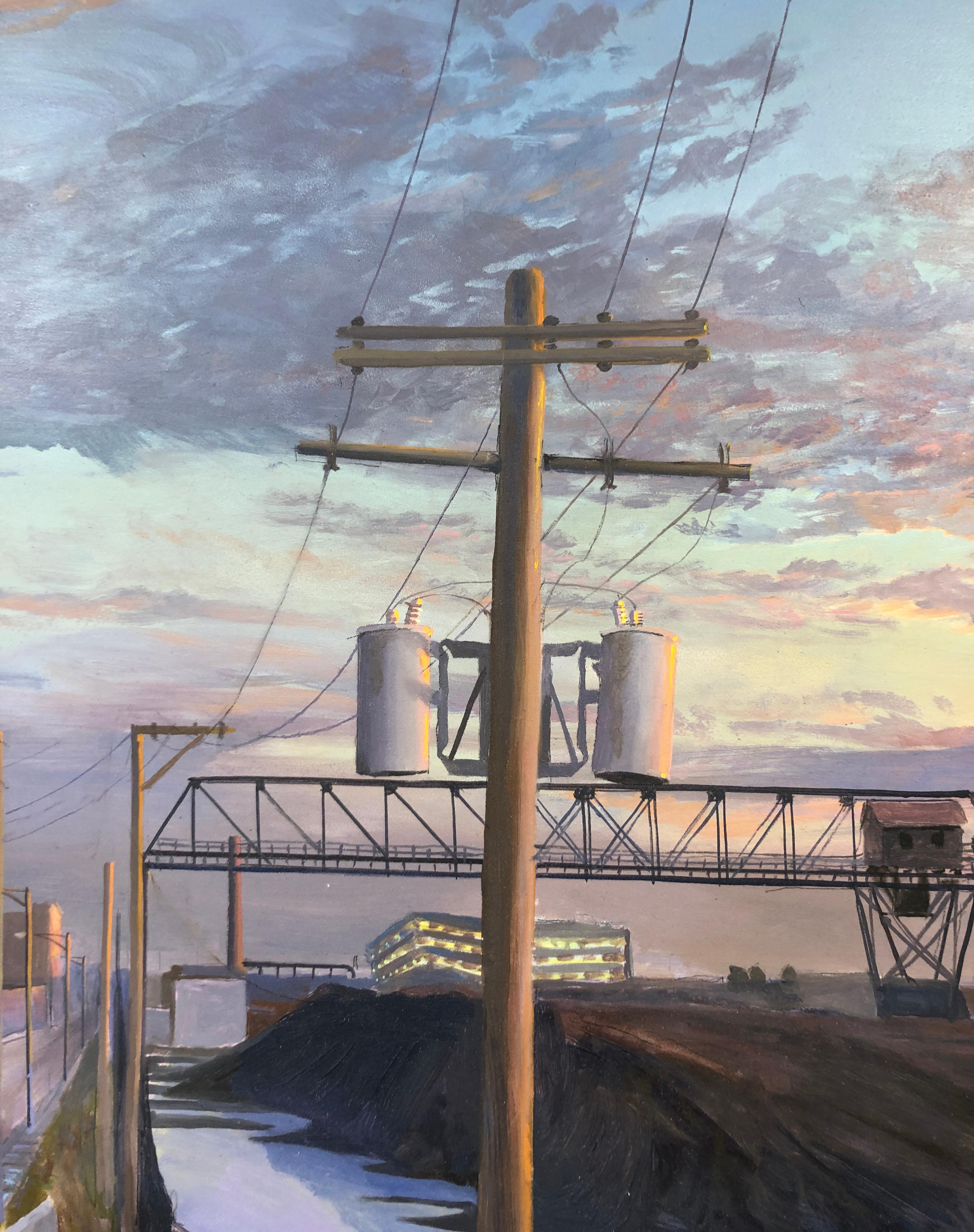 Coal Yard, South Branch Chicago River - Original Oil Painting, Dramatic Sky For Sale 3