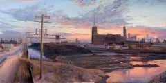 Coal Yard, South Branch Chicago River - Original Oil Painting, Dramatic Sky