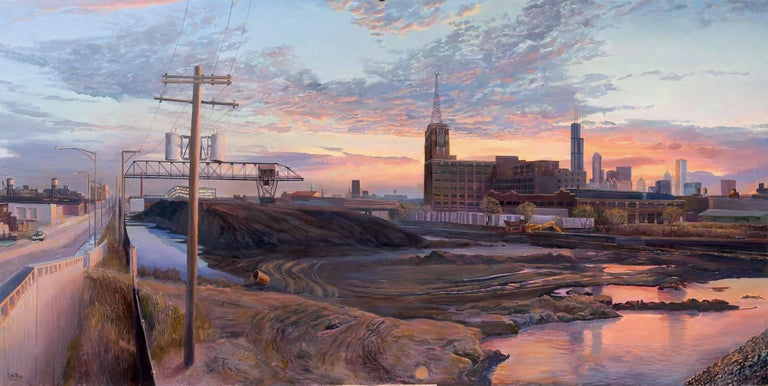 Art Chartow Landscape Painting - Coal Yard, South Branch Chicago River - Original Oil Painting, Dramatic Sky