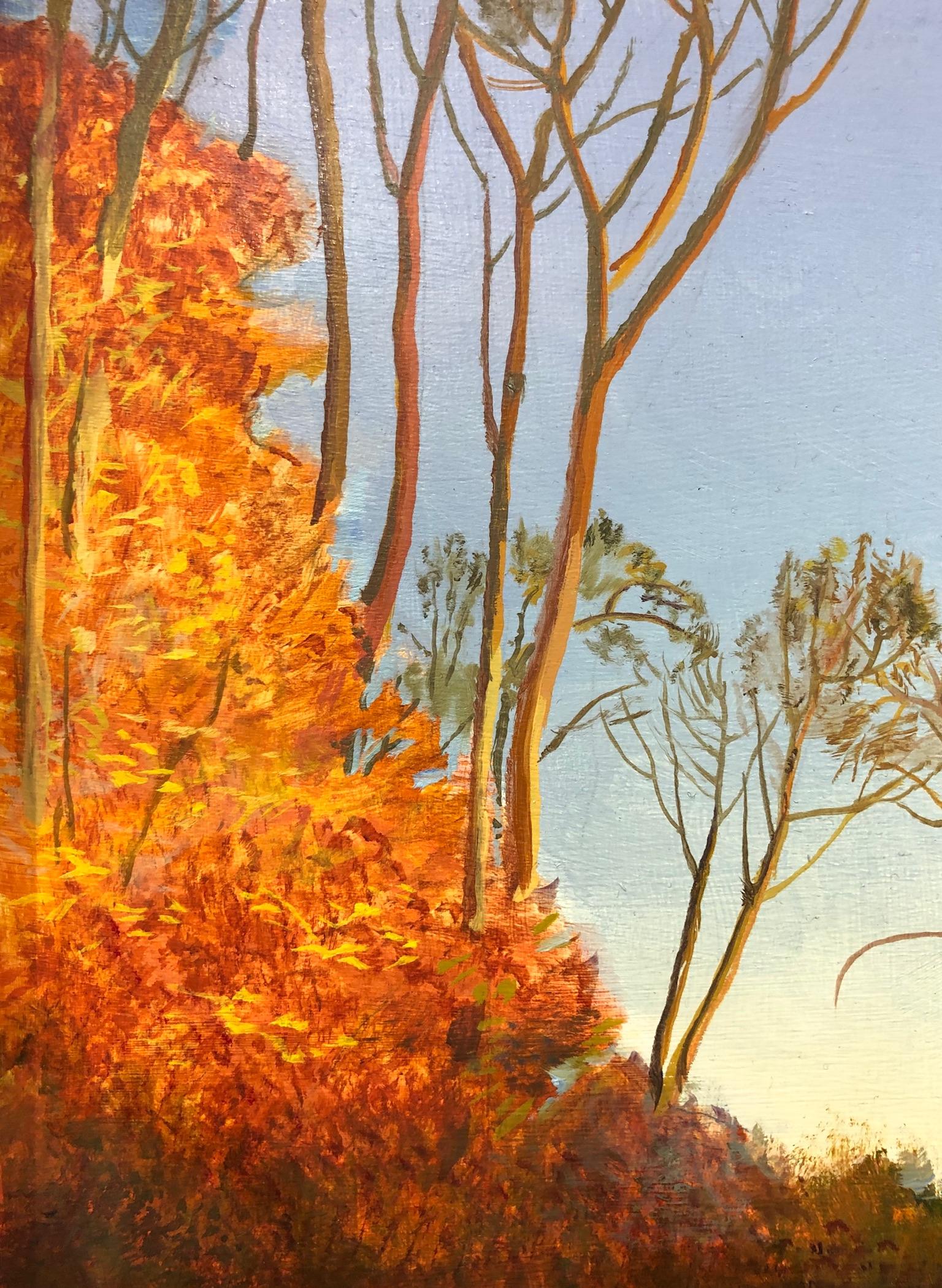 Day's End at Haggerty's Pond - Wald in Sonnenlicht reflektiert im Wasser  (Grau), Landscape Painting, von Art Chartow