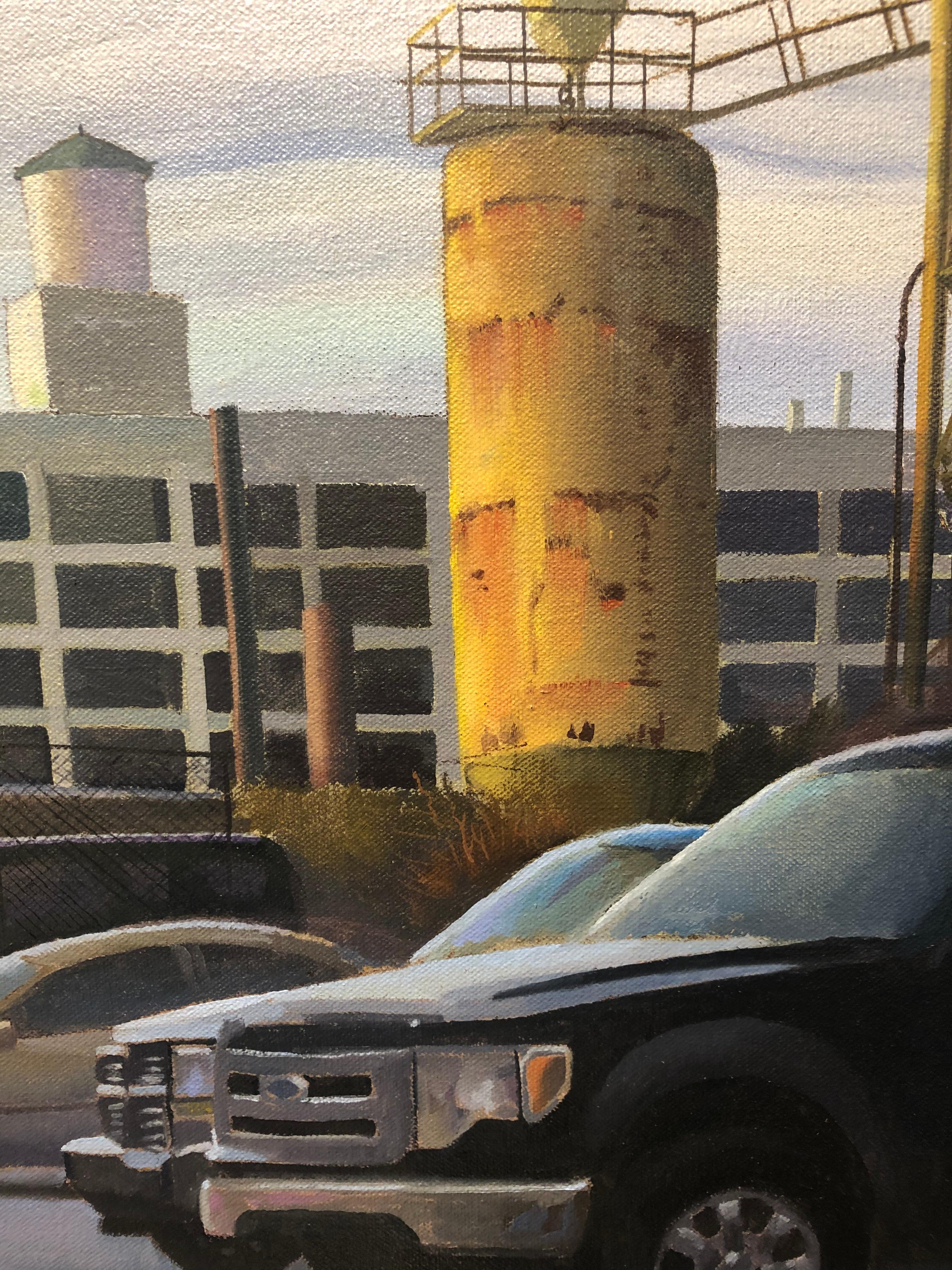 Doppelter Overtime-Shift, urbane Industrielandschaft, zeitgenössische realistische Malerei – Painting von Art Chartow