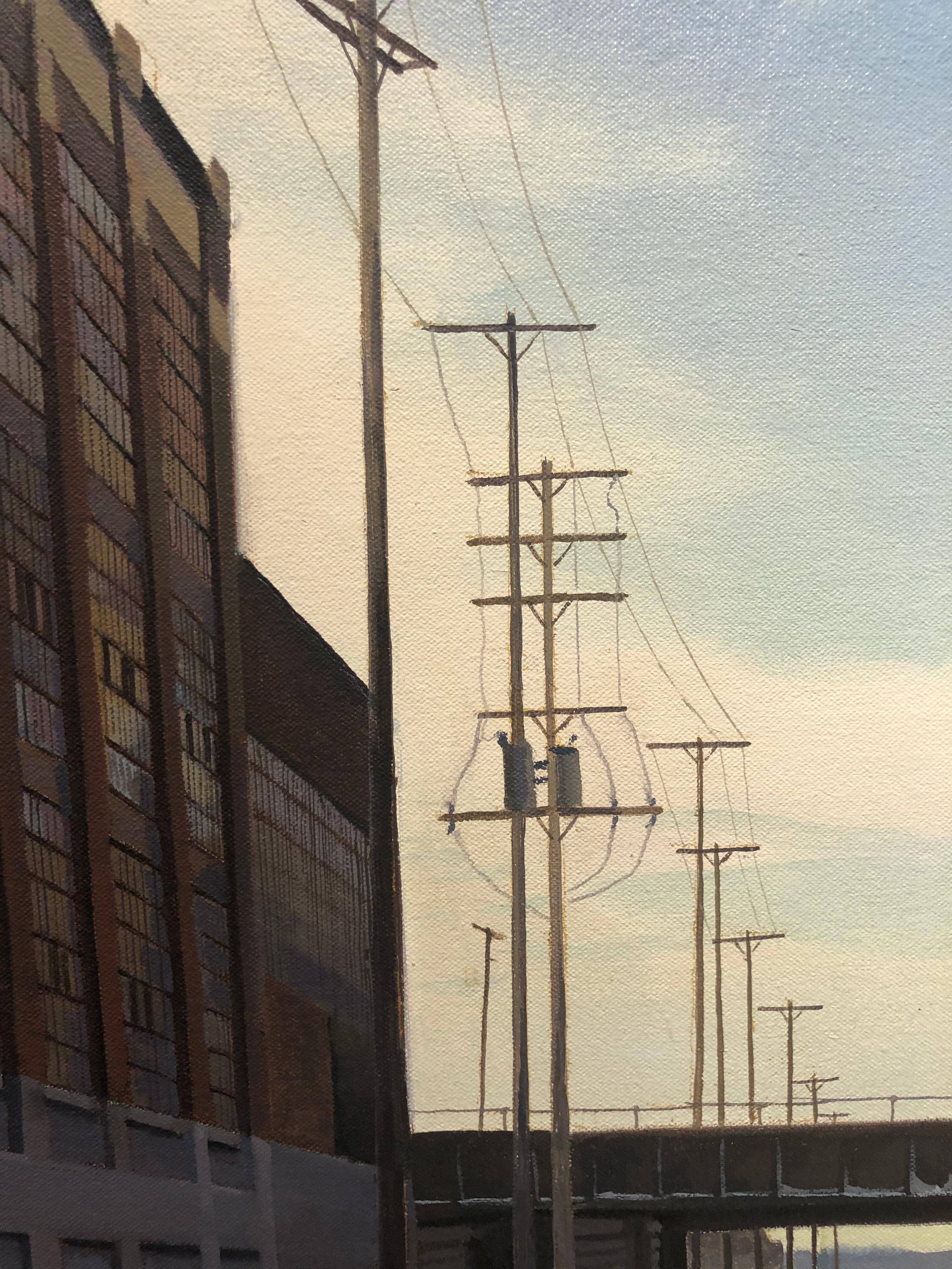 Paysage urbain industriel à double vitesse, peinture réaliste contemporaine - Noir Landscape Painting par Art Chartow