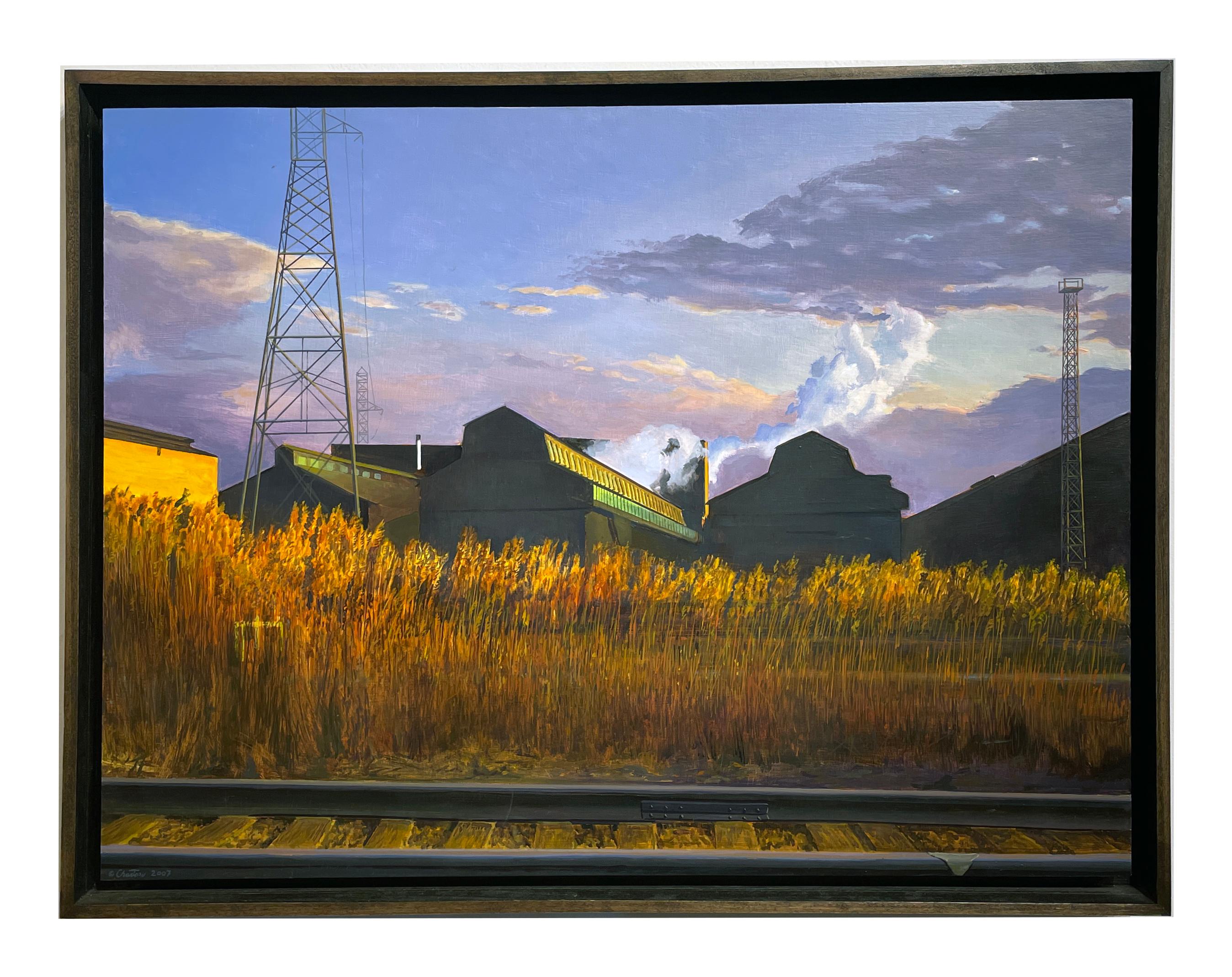 Great Lakes Steel II - Industrial Factory with Golden Light and Dramatic Sky - Painting by Art Chartow