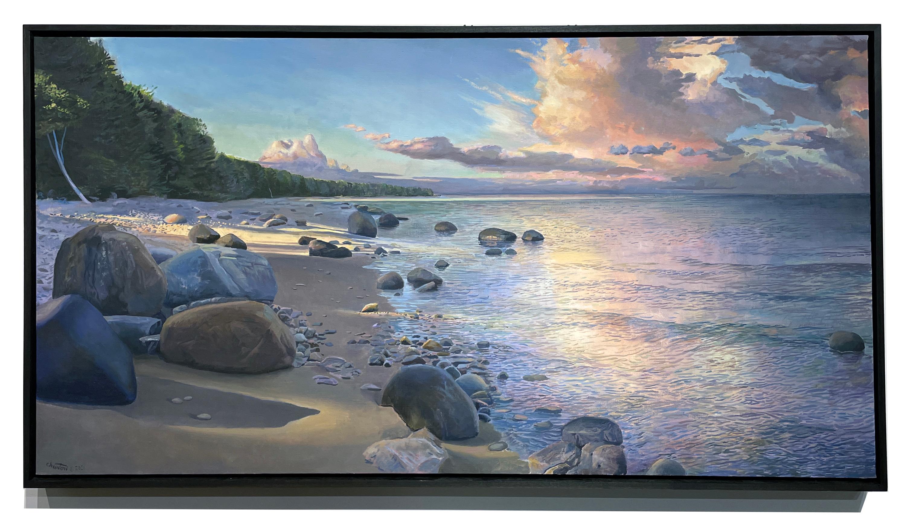 Morning on Grand Traverse Bay - Rocky Beach and Dramatic Sky, Original Oil - Painting by Art Chartow