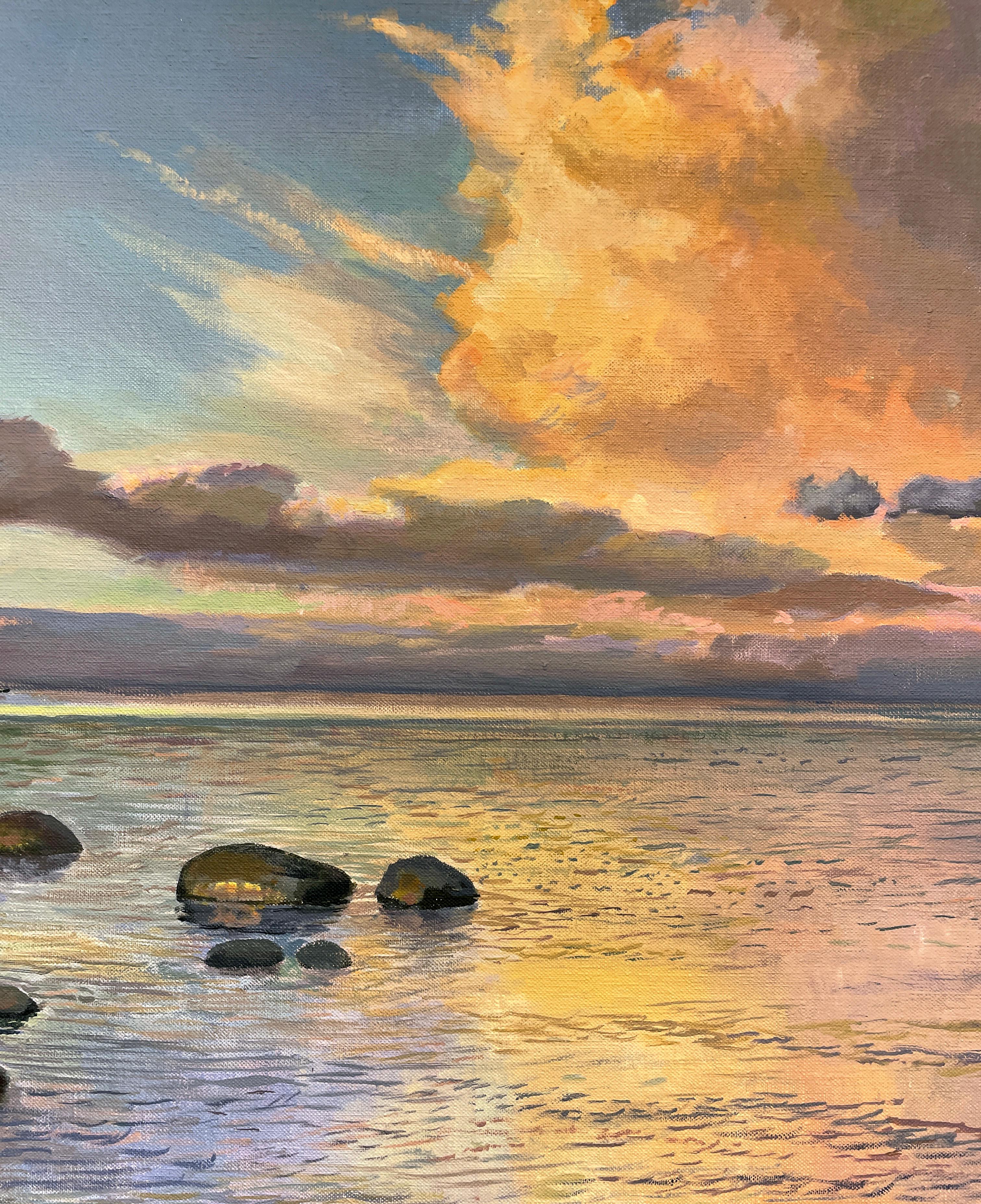 Morning on Grand Traverse Bay - Rocky Beach and Dramatic Sky, Original Oil - Contemporary Painting by Art Chartow