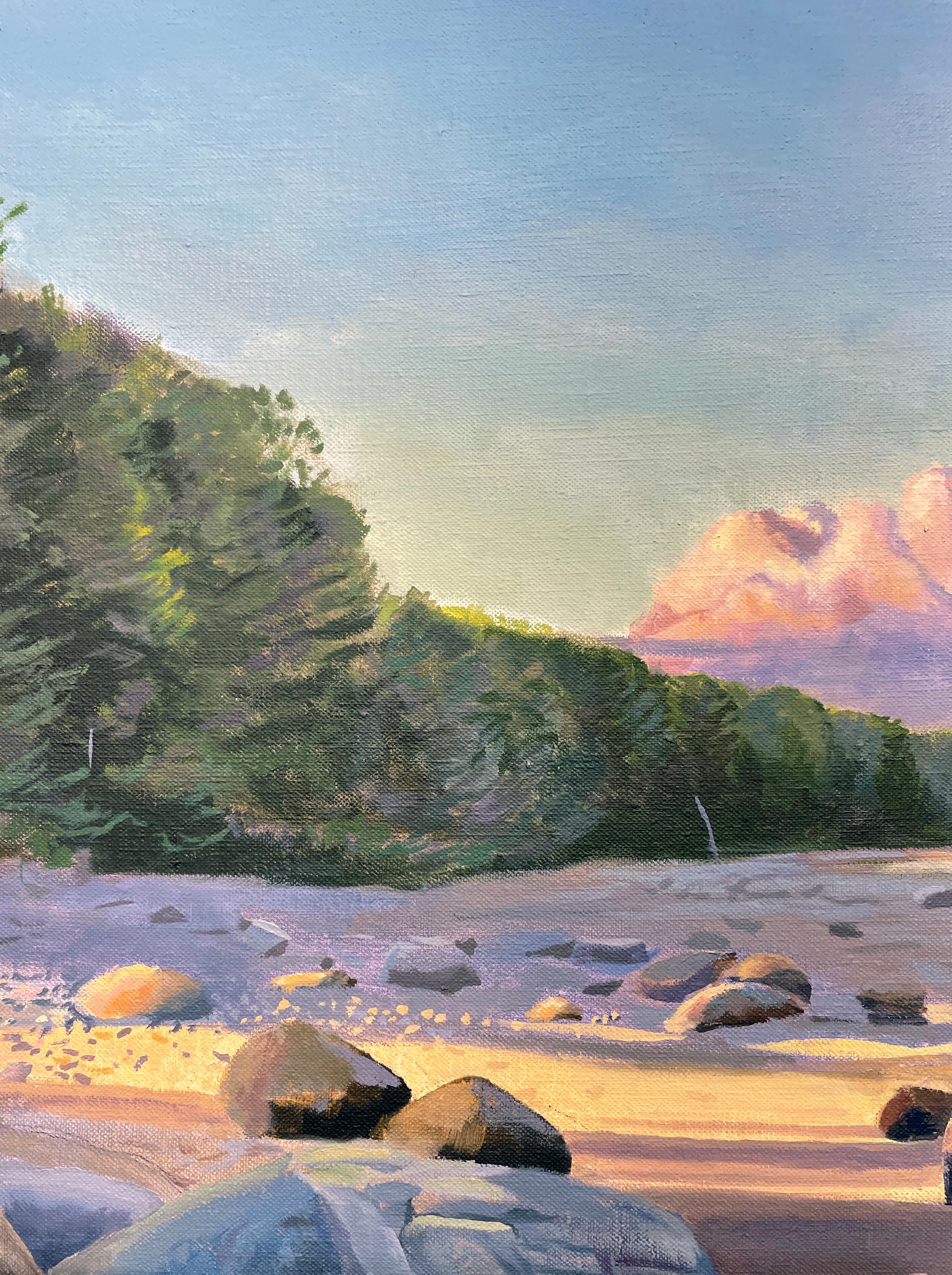 The sun rises over a deserted beach in Northern Michigan casting long shadows and setting the clouds aglow.  The freshness of a brand new day is apparent in this serene landscape.  The painting is floated in a simple black wooden frame measuring