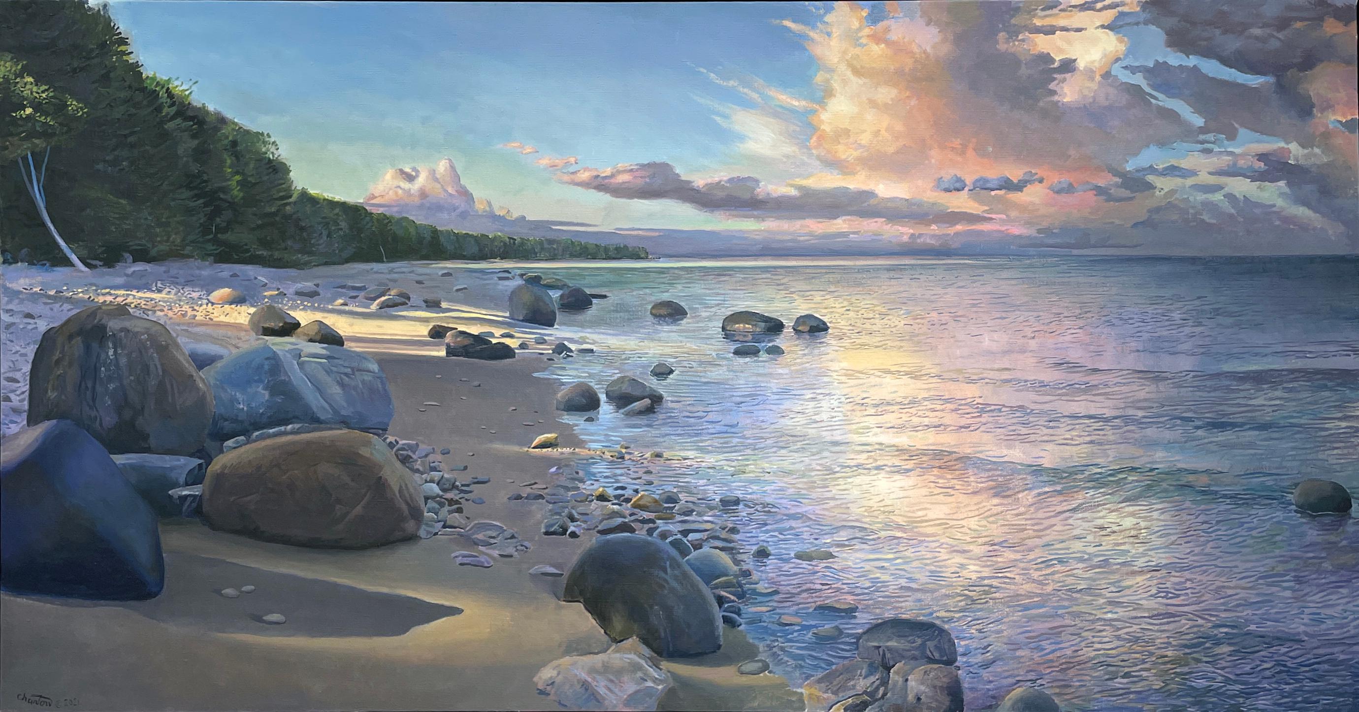 Art Chartow Landscape Painting - Morning on Grand Traverse Bay - Rocky Beach and Dramatic Sky, Original Oil