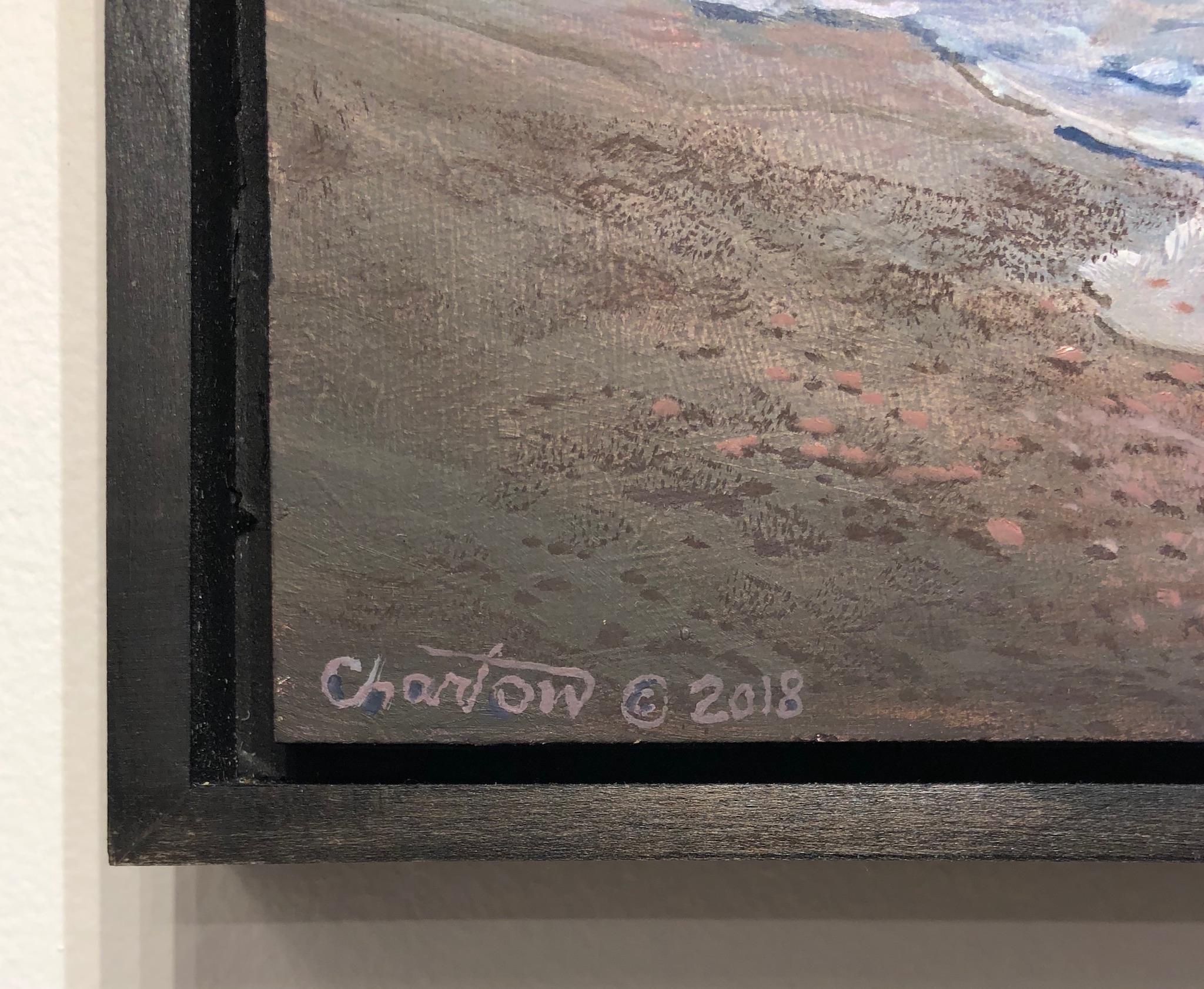 Remarkably varied loose brushstrokes capture a wide array of textures from the rippled surface of the ocean waves to the pebbly sand in the foreground in this small landscape by Art Chartow.  Taken from the beaches of the Outer Banks of North