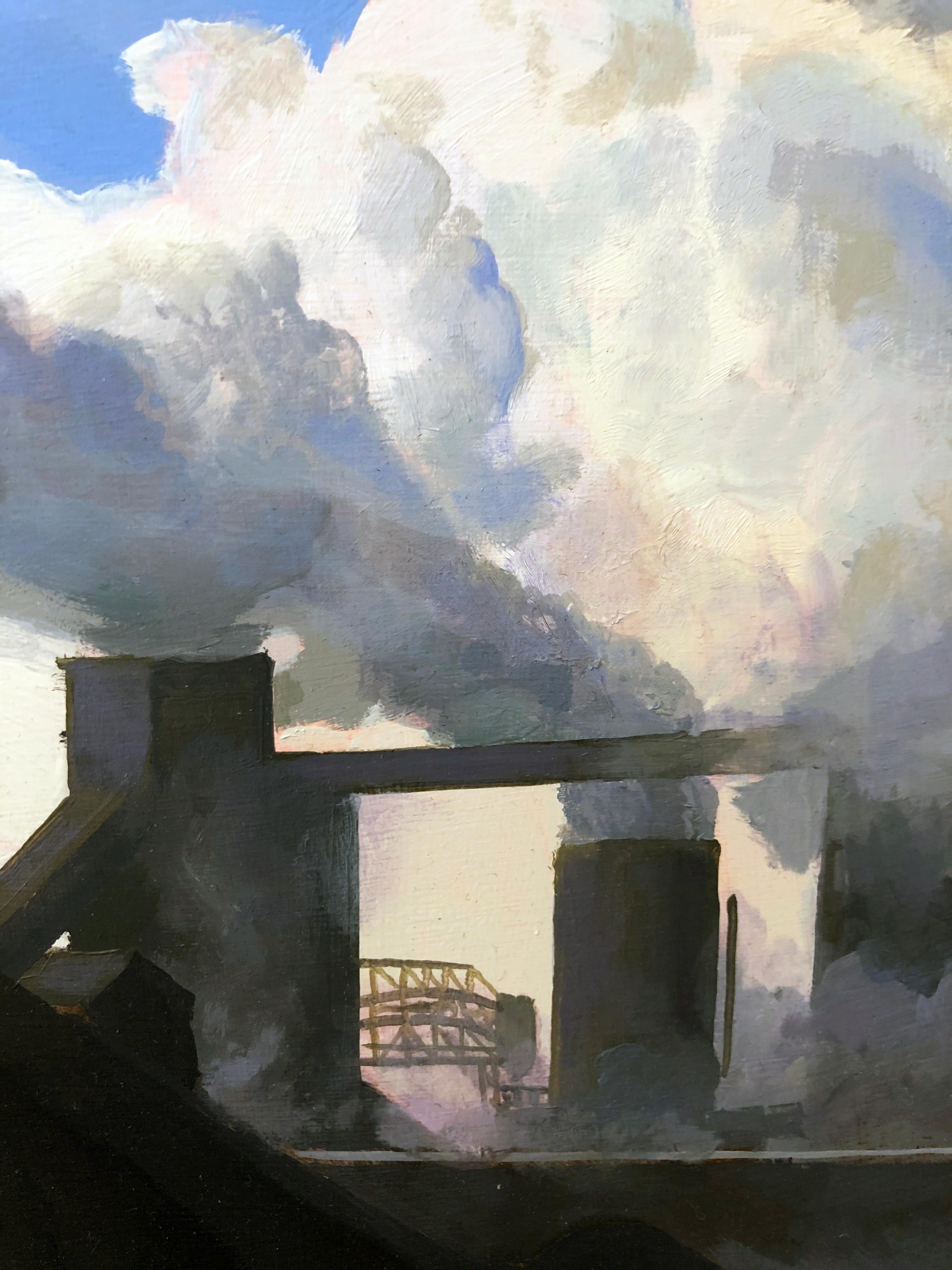 Area de protection, emplacements de fumée à vapeur, bâtiments industriels et charbon, huile sur panneau - Noir Landscape Painting par Art Chartow