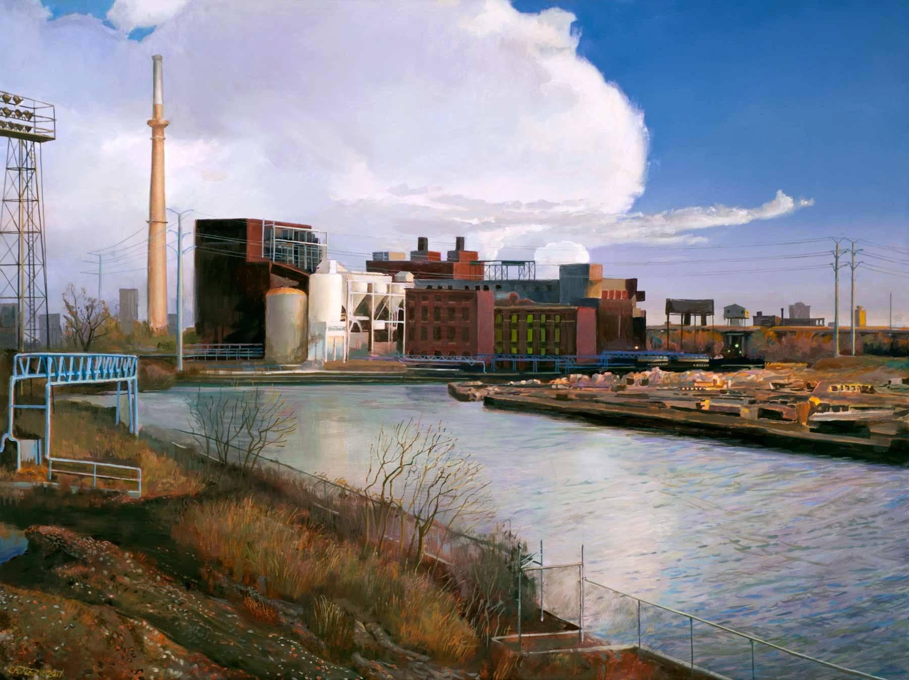 South Branch Chicago River - Original Oil Painting, River, Sky, Industrial Area