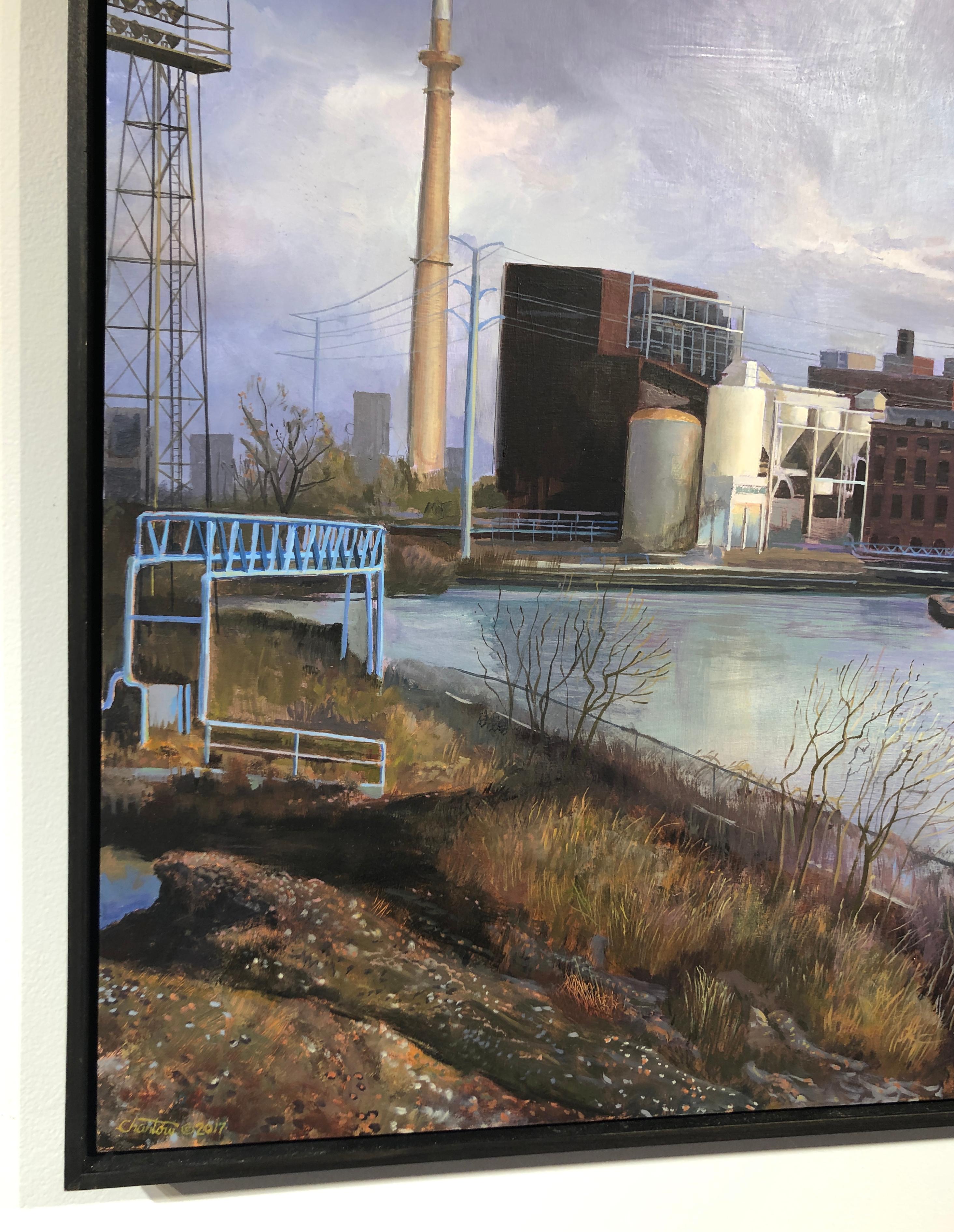 Peinture à l'huile originale South Branch Chicago River, rivière, ciel, zone industrielle en vente 3